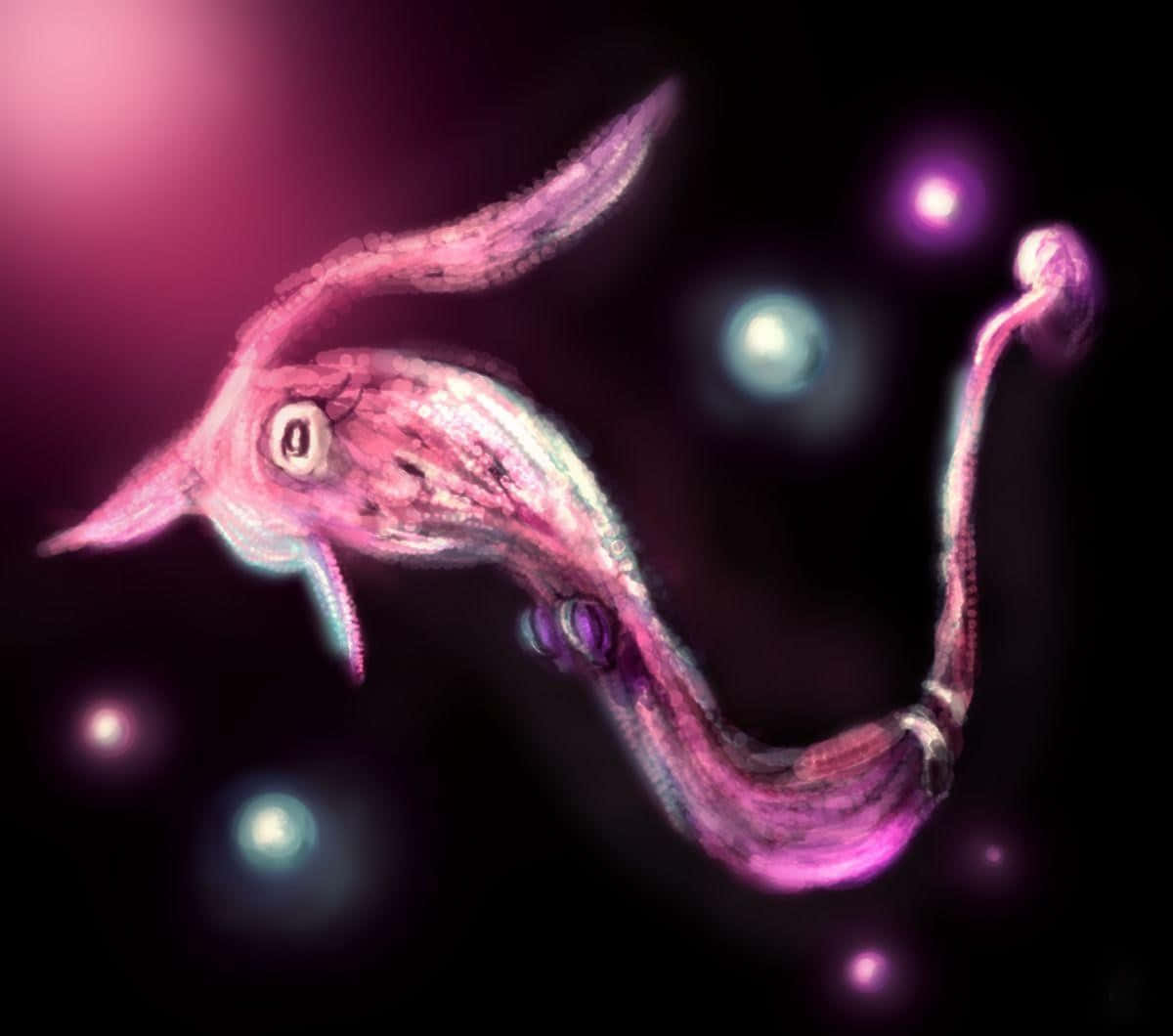 一隻粉紅色發光的外星生物漂浮在太空中的發光球體之間。