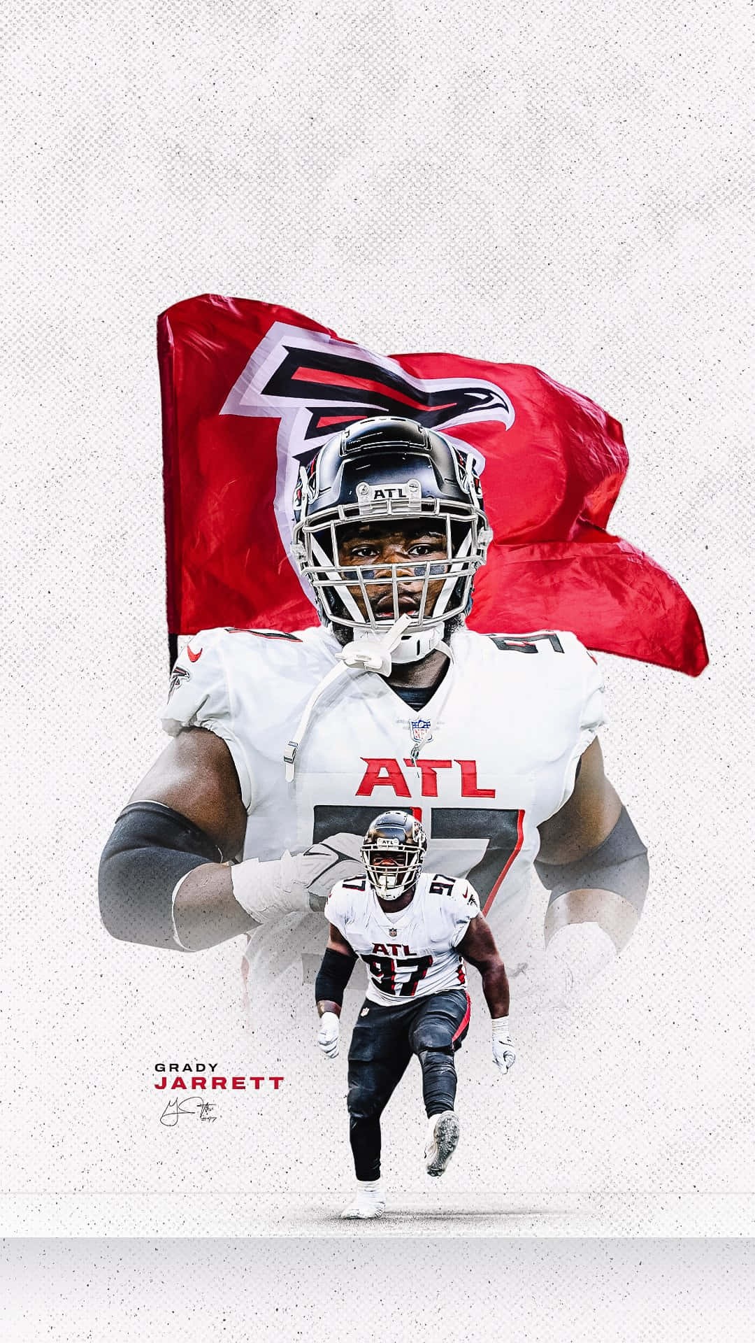 格雷迪· Jarrett 亞特蘭大獵鷹隊海報 壁紙 — 運動員 Grady Jarrett 身穿亞特蘭大獵鷹隊裝備，在紋理白色背景前大步向前，身後飄揚著一面紅色隊旗。