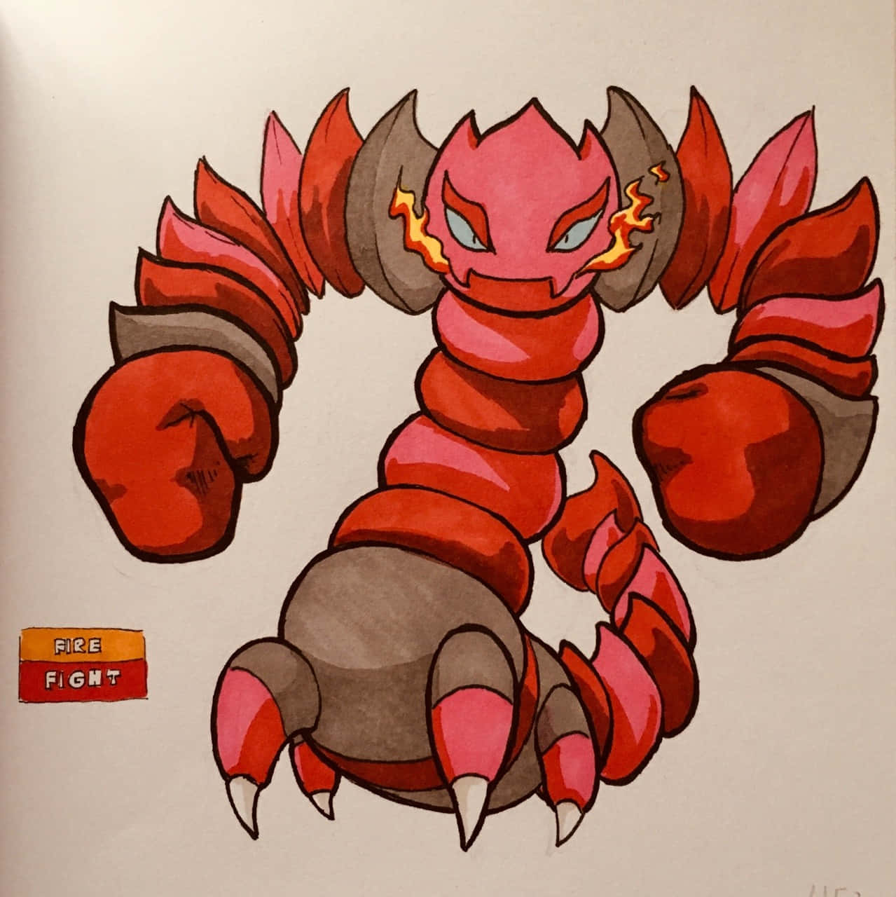 格鬥型 Drapion 同人創作 壁紙 — 一隻火紅色的蠍子狀生物，戴著拳擊手套，眼睛周圍有火焰，準備戰鬥。