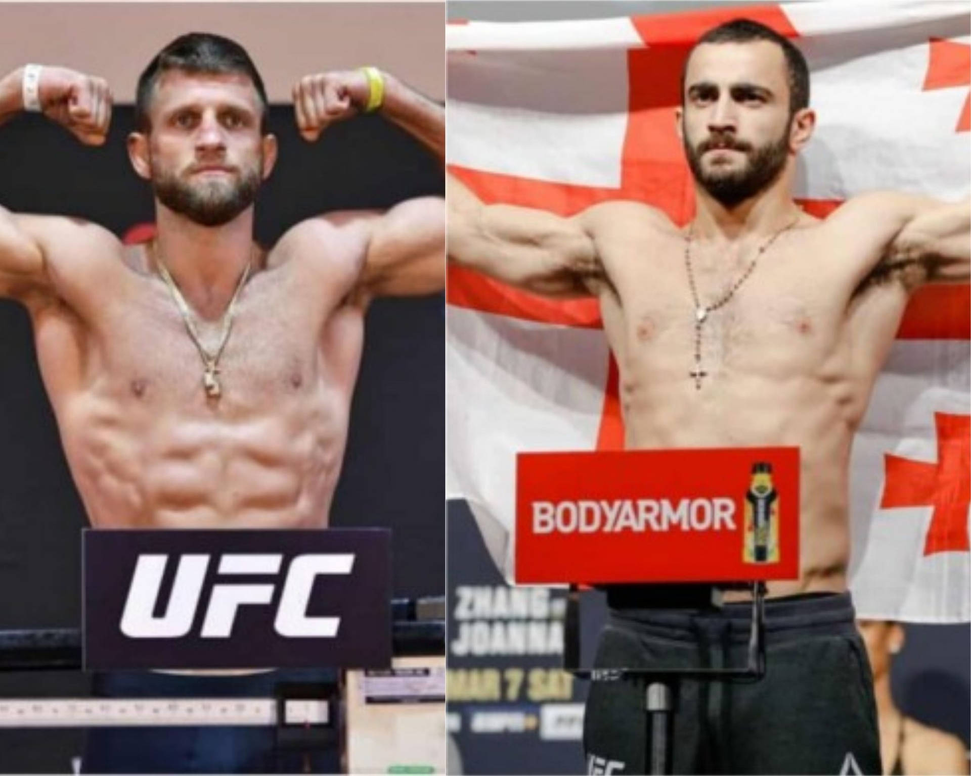 兩名赤裸上身的UFC拳手在稱重時彎曲手臂，背景有格魯吉亞國旗和BodyArmor標誌。
