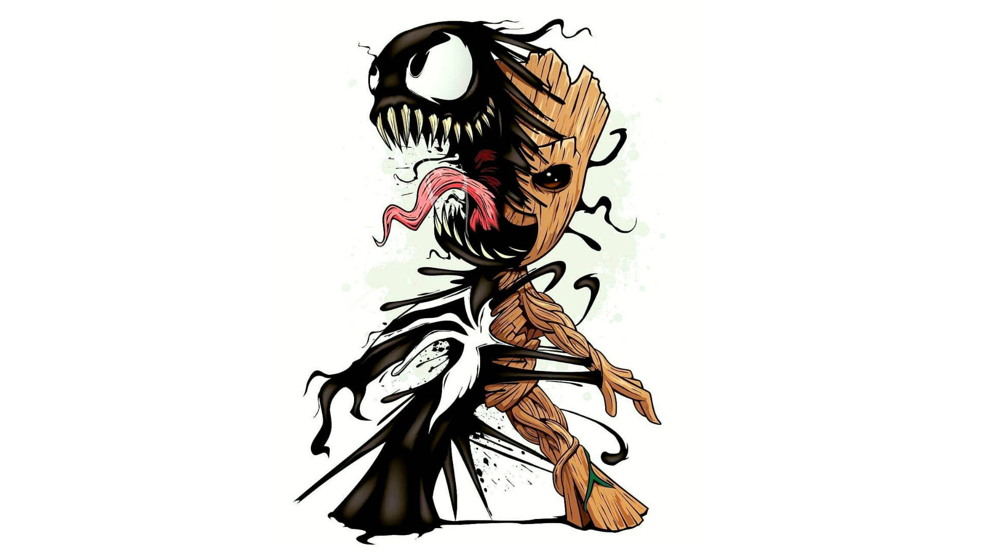 格魯特與毒液共生體藝術 壁紙 — Chibi風格的Venom和Groot融合在一起，Venom的黑色共生體纏繞在Groot的木質身體上。