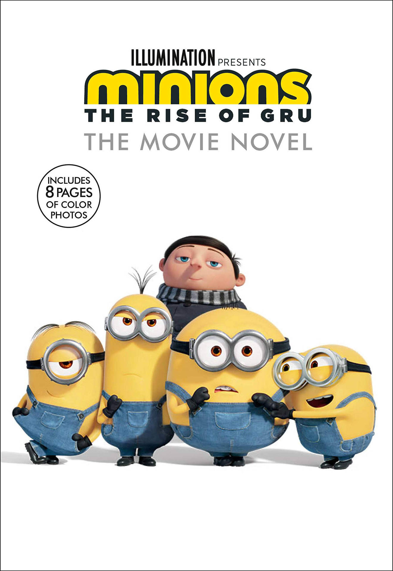 Gru 與四個身穿藍色工裝褲的 Minions 在白色背景上。