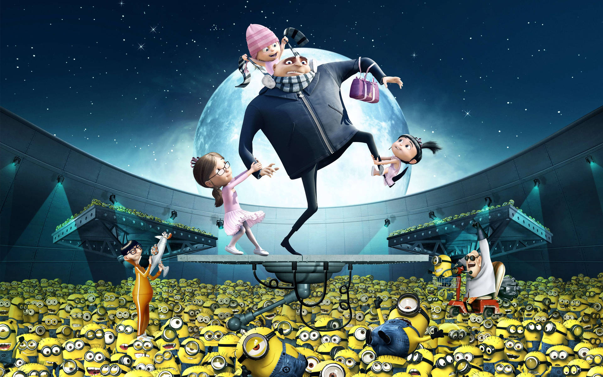 Gru在星空月光下跳躍在Minions的人群之上。