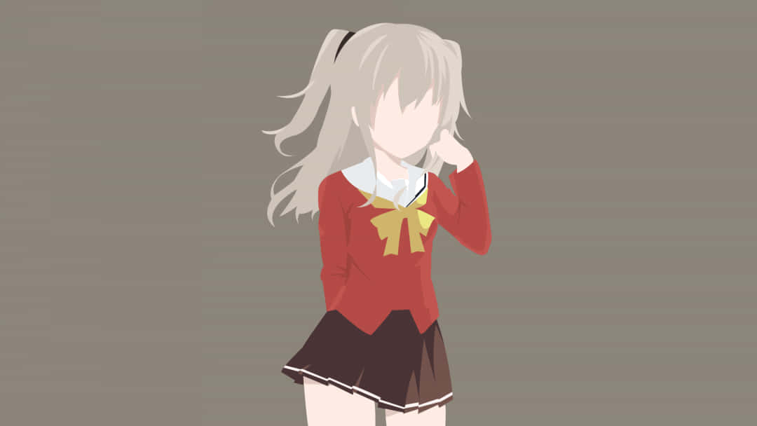桃李奈奈——《Charlotte》動畫中的神秘美學 壁紙 — 銀色雙馬尾的動漫女孩，穿著紅色校服配黃色蝴蝶結，站在柔和的灰色背景前。