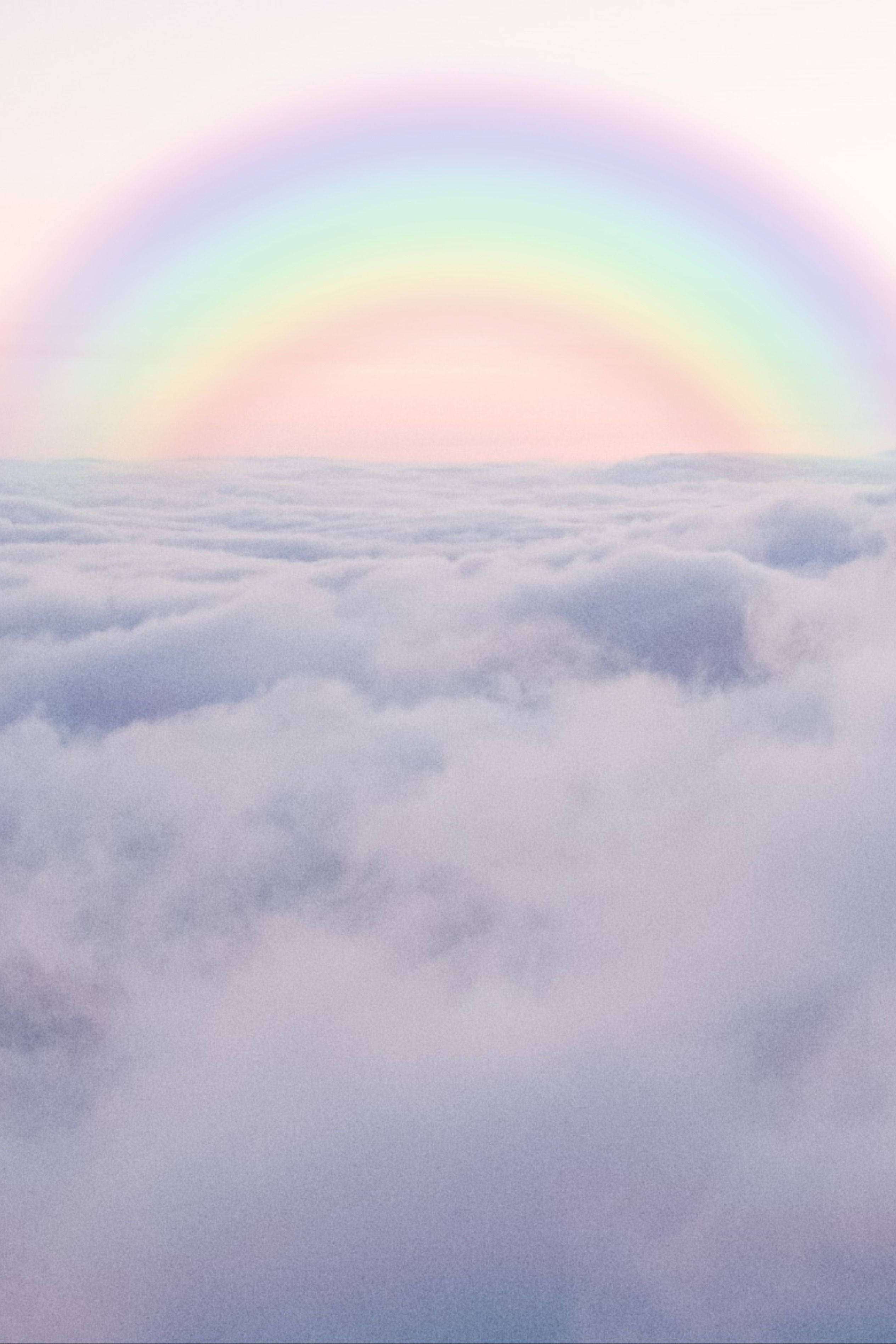 桃紅天際的雲海與柔彩彩虹 壁紙 — 柔和嘅粉彩彩虹喺溫柔嘅天空下優雅咁拱起喺一片軟綿綿嘅雲海之上。