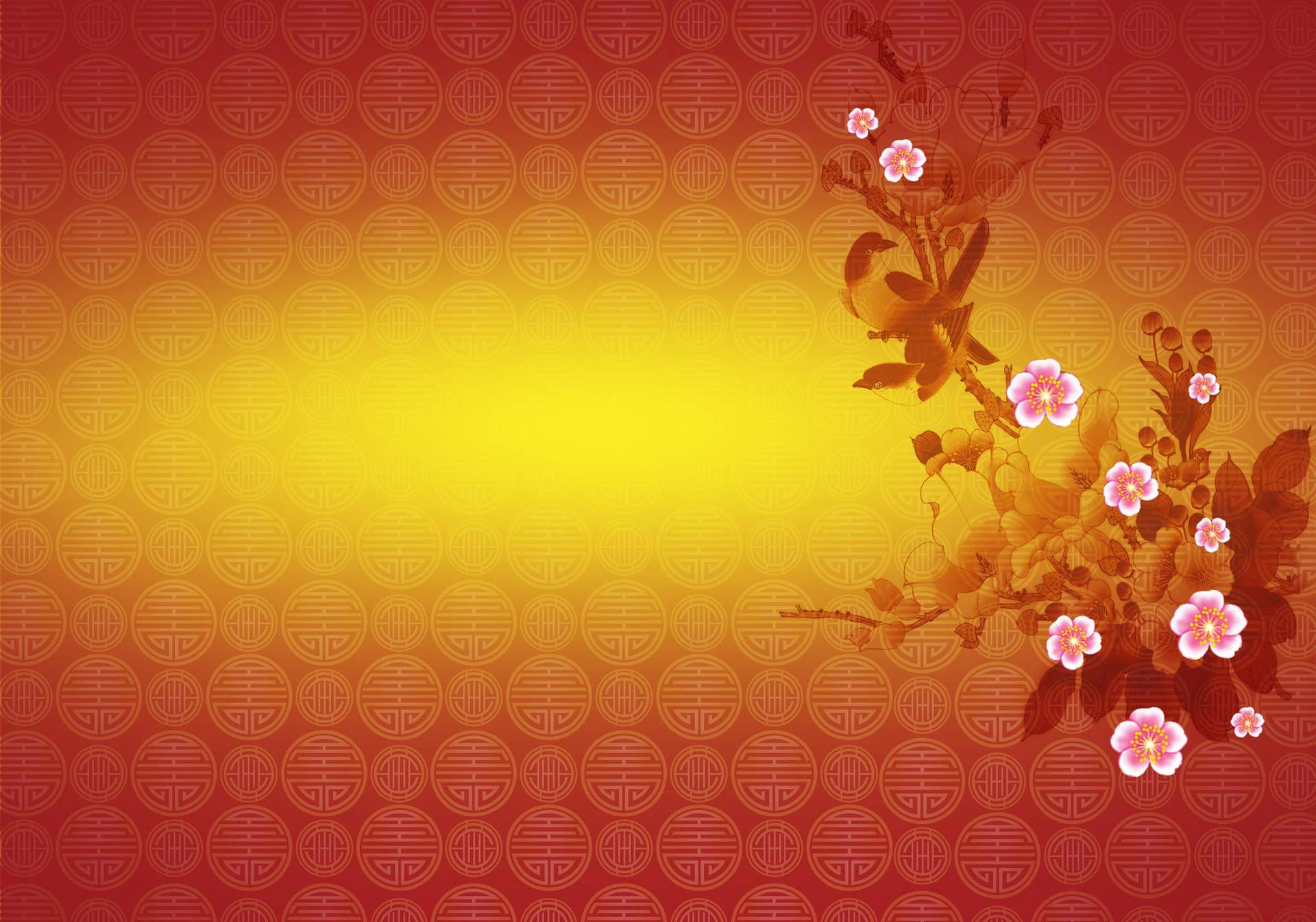 桃花春節 壁紙 — 紅金暖色漸變背景，帶有傳統中式圓形圖案，角落有一枝粉紅櫻花。