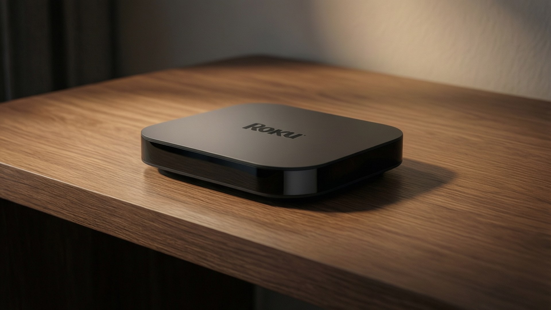 桌上 Roku 設備 壁紙 — 一部時尚的黑色 Roku 串流裝置放置在溫暖的木桌上，柔和的方向性燈光照射著。
