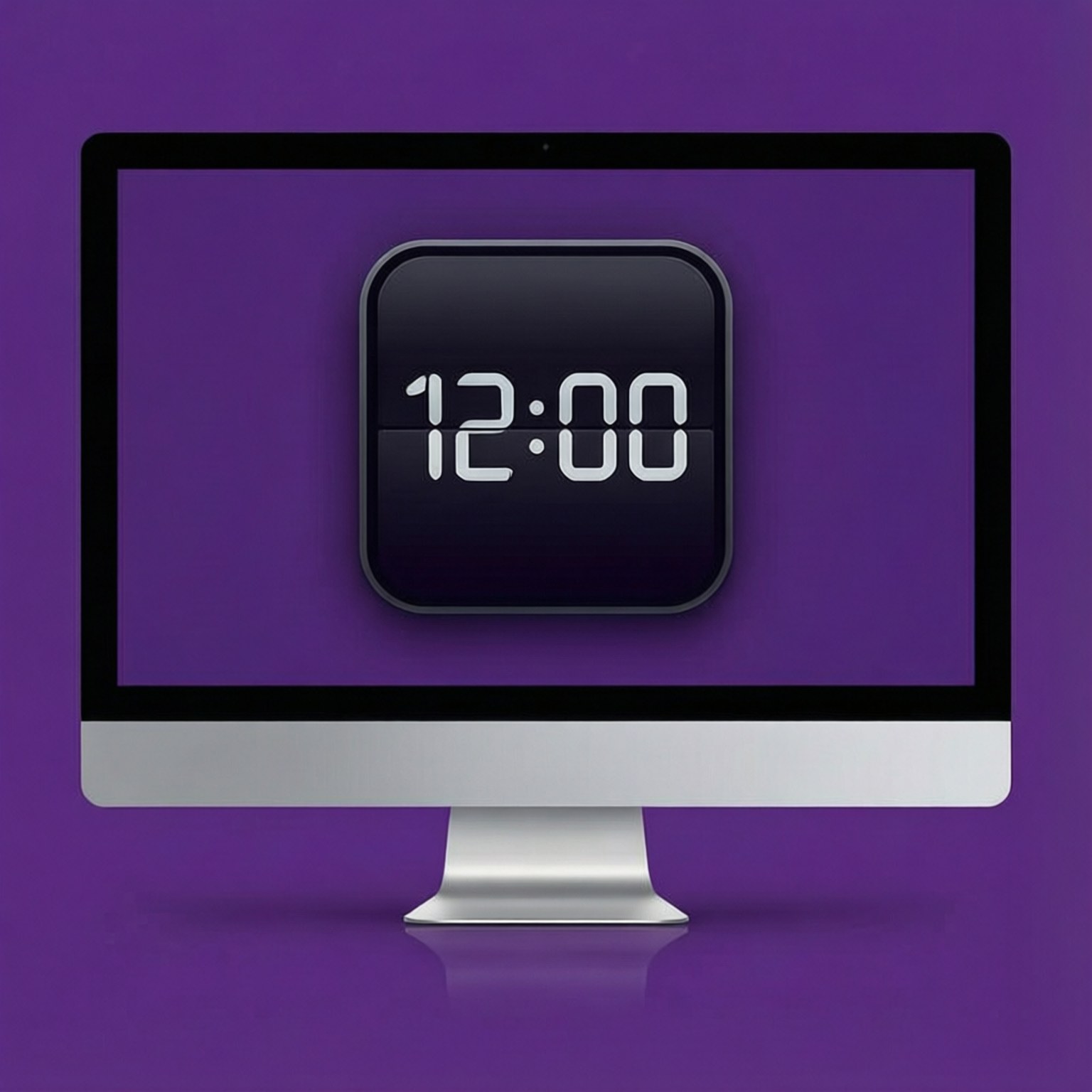 銀色 iMac 在紫色背景上顯示 12:00 的數字時鐘