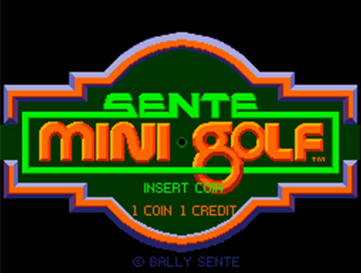 Sente Mini Golf 街機遊戲標題畫面，附有投幣指示。