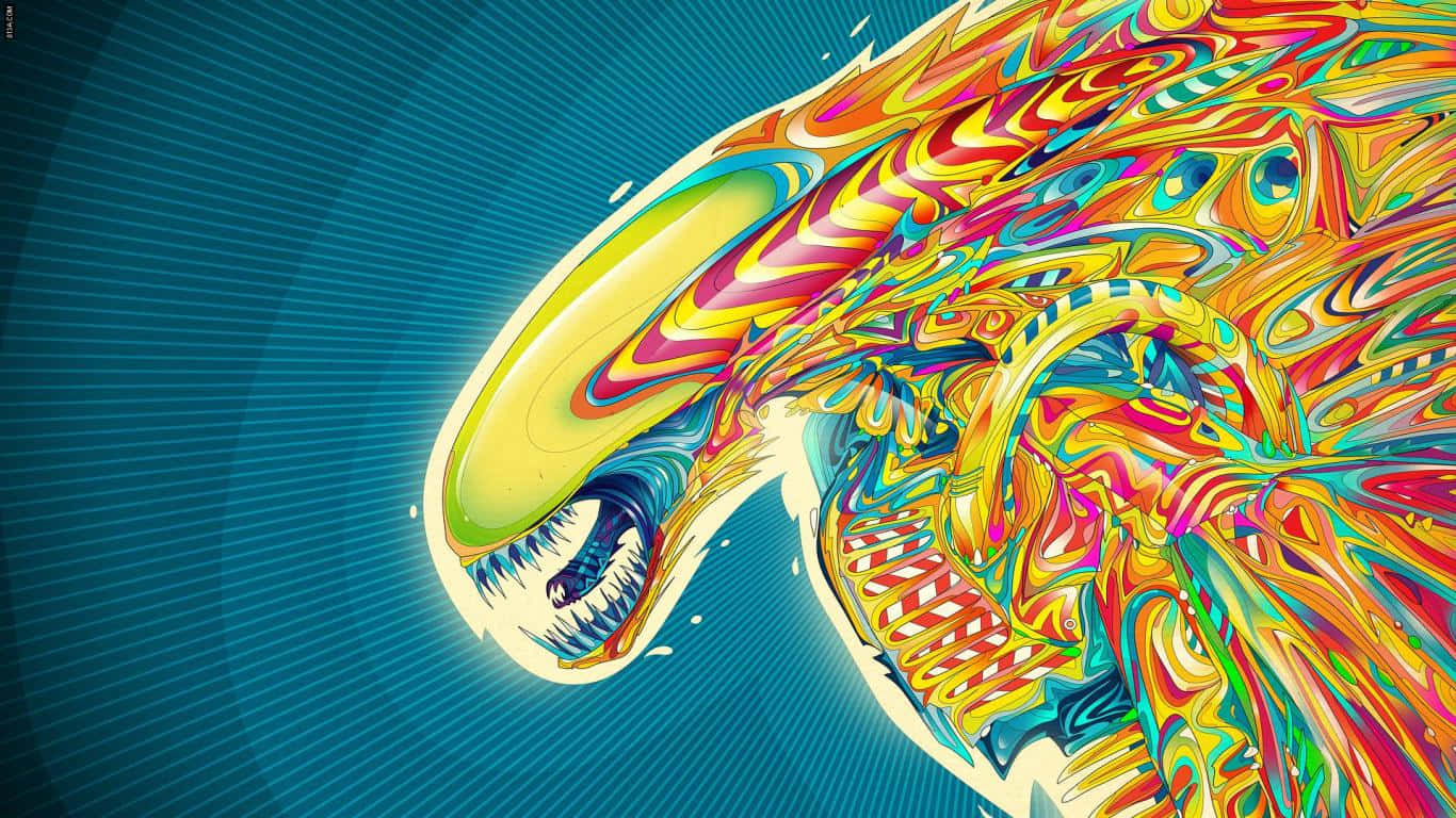 桌面的精緻酷炫藝術 壁紙 — 一個迷幻的外星生物，帶有旋轉的彩虹圖案和鋒利的牙齒，背景為藍色放射狀。