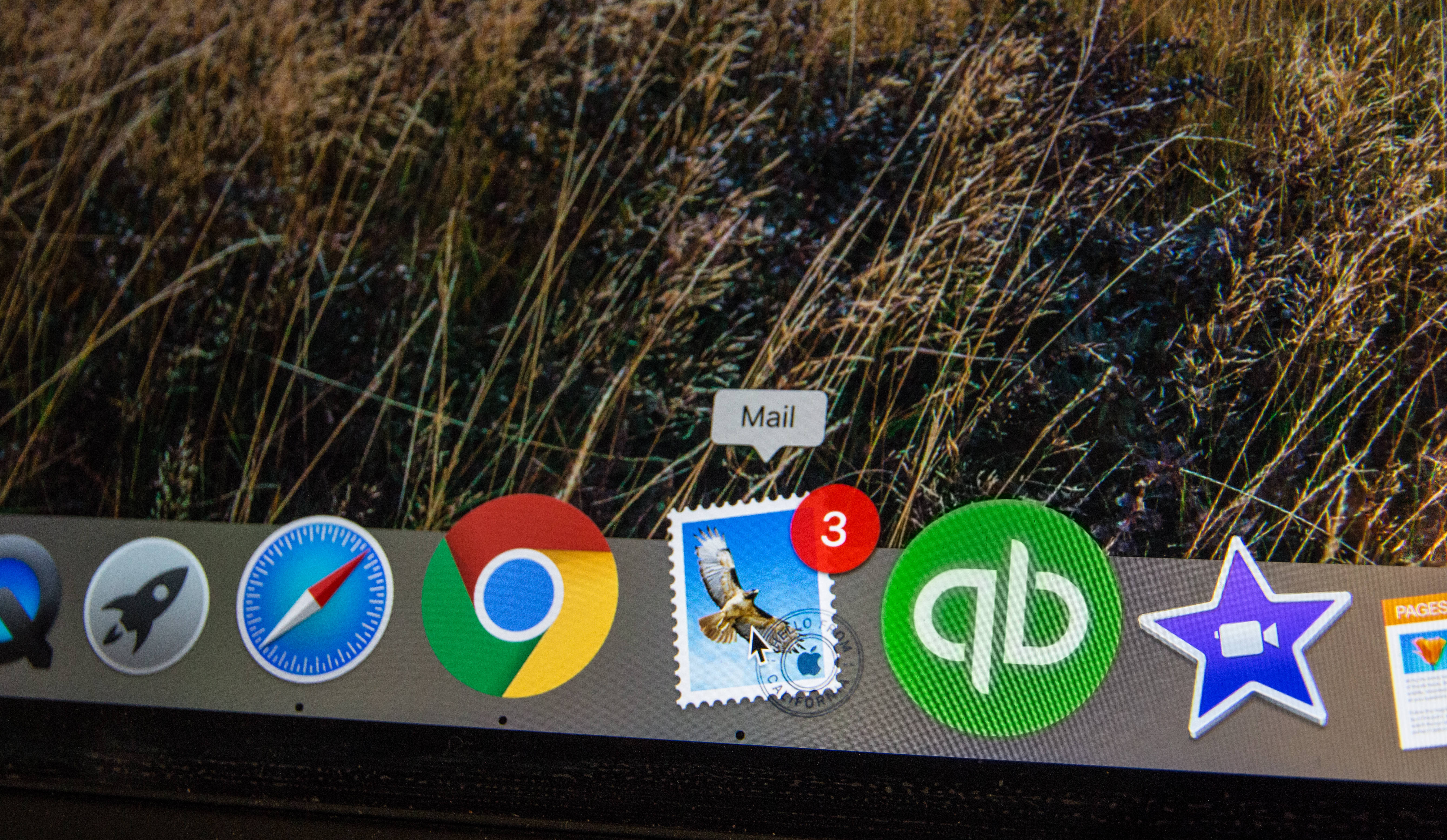 桌面電郵圖示 壁紙 — MacOS Dock 帶有應用程式圖示，疊加在金色夕陽下的高草田野上。