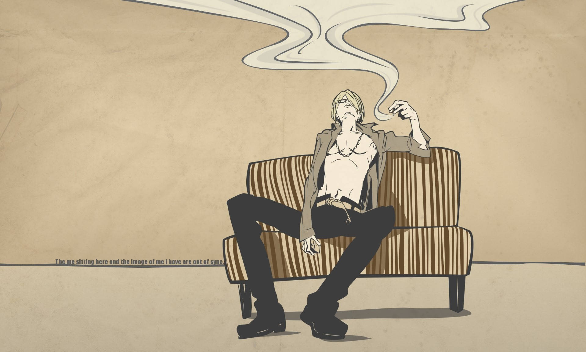 一個男人坐在條紋沙發上抽煙，煙霧在米色背景下裊裊升起。