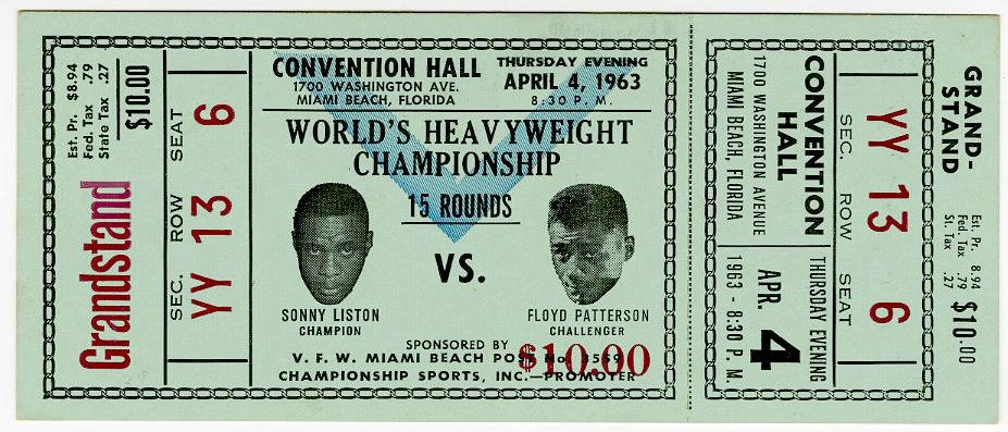 桑尼·利斯顿拳賽門票 壁紙 — 1963年復古拳擊比賽門票，Sonny Liston對戰Floyd Patterson，於邁阿密海灘會議中心。