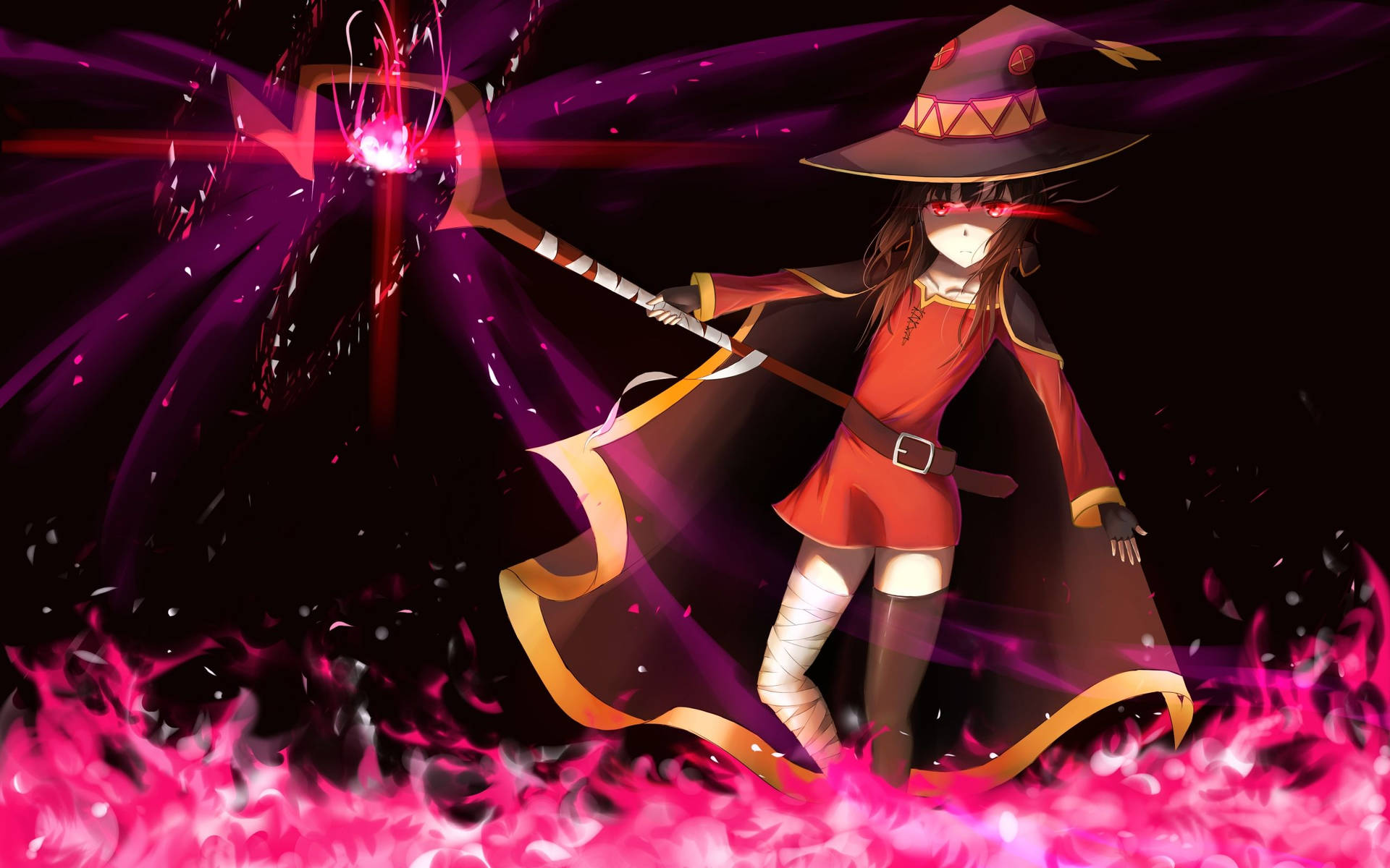 動漫女巫用發光的法杖施展魔法，被粉紅色火焰和紫色能量包圍。