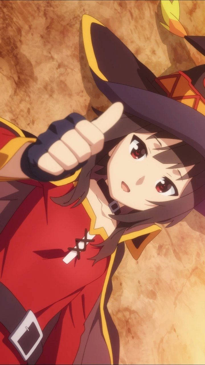 穿著紅黃服裝豎起大拇指的動漫女巫。