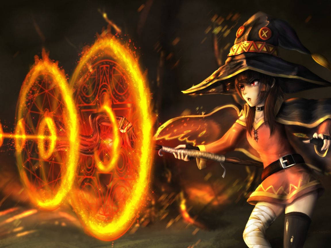 動漫女巫在黑暗場景中施放熾熱的魔法符文。