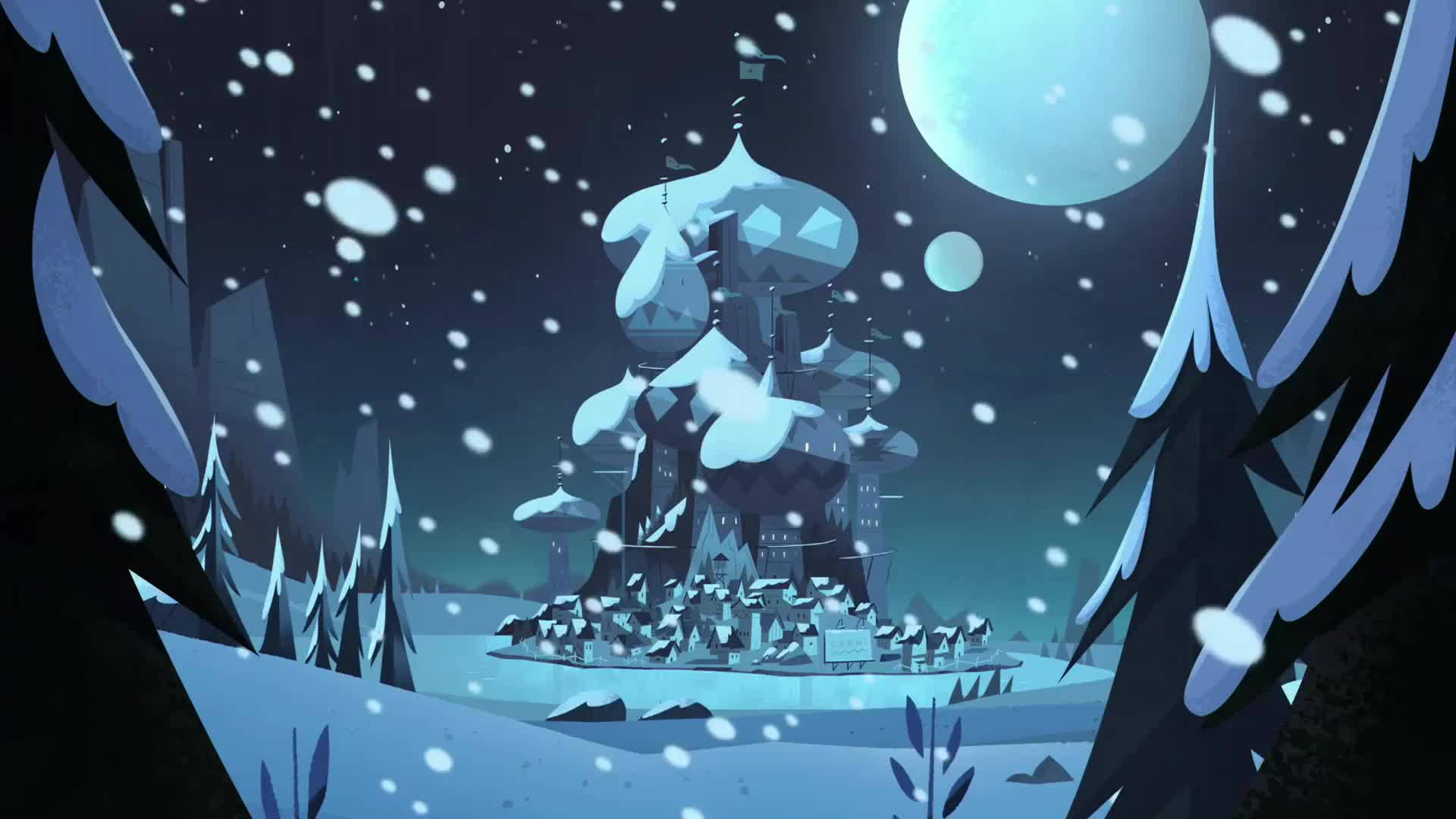 冬夜森林中，發光月亮下的雪城堡。