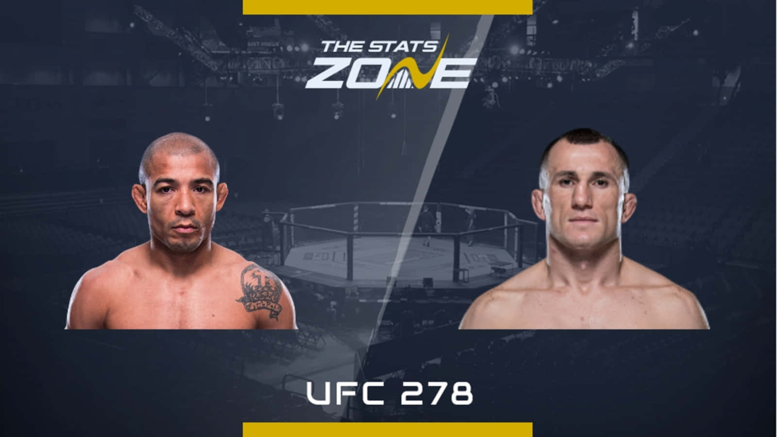 梅拉布·德瓦利什維利 UFC 278 壁紙 — 兩位UFC拳手在UFC 278的宣傳圖像中對峙，背景為黑暗的競技場，並帶有醒目的黃色點綴。