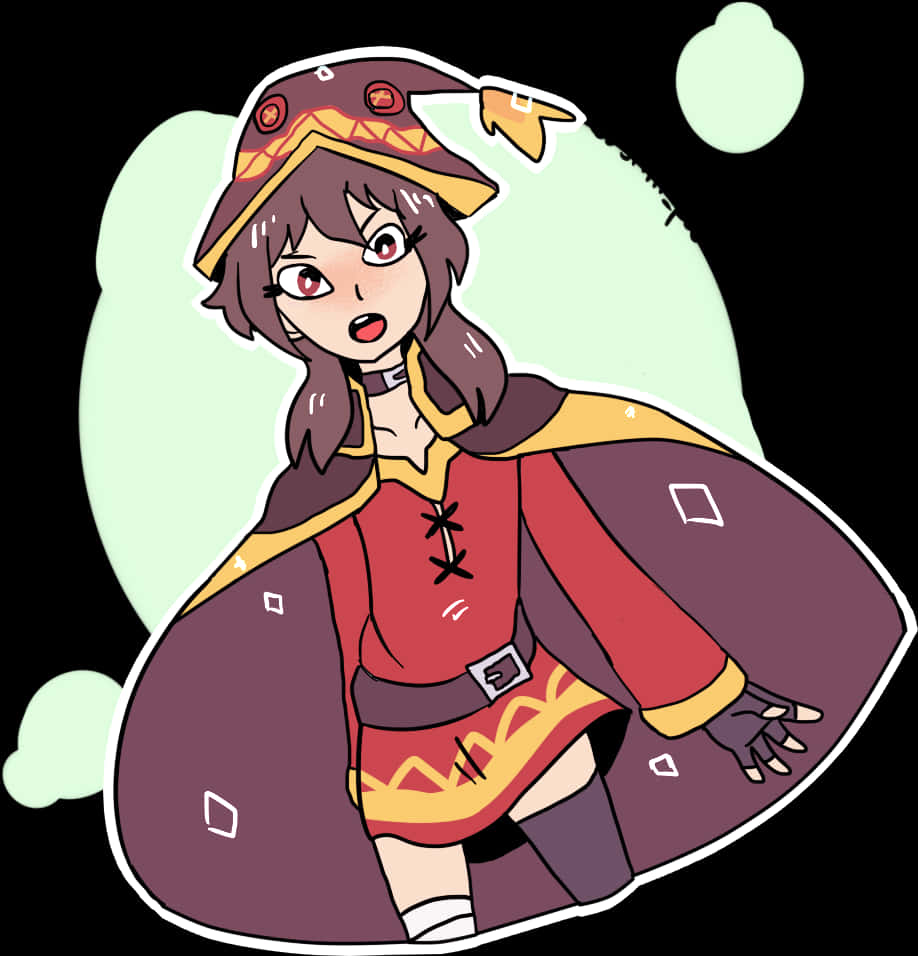梅格姆動畫角色插畫 壁紙 — 一個驚訝的動漫女孩，穿著紅紫色服裝，戴著圖案帽子，站在淺綠色圓形背景前。