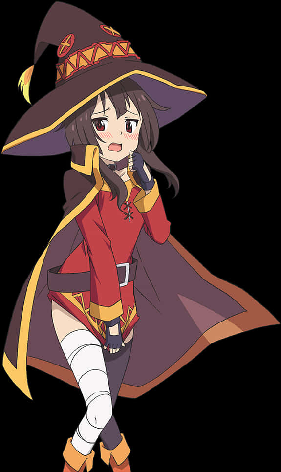 梅格姆動畫角色藝術 壁紙 — 一個驚訝的動漫女巫，穿著紅紫色服裝，戴著寬邊帽，站在黑色背景前。