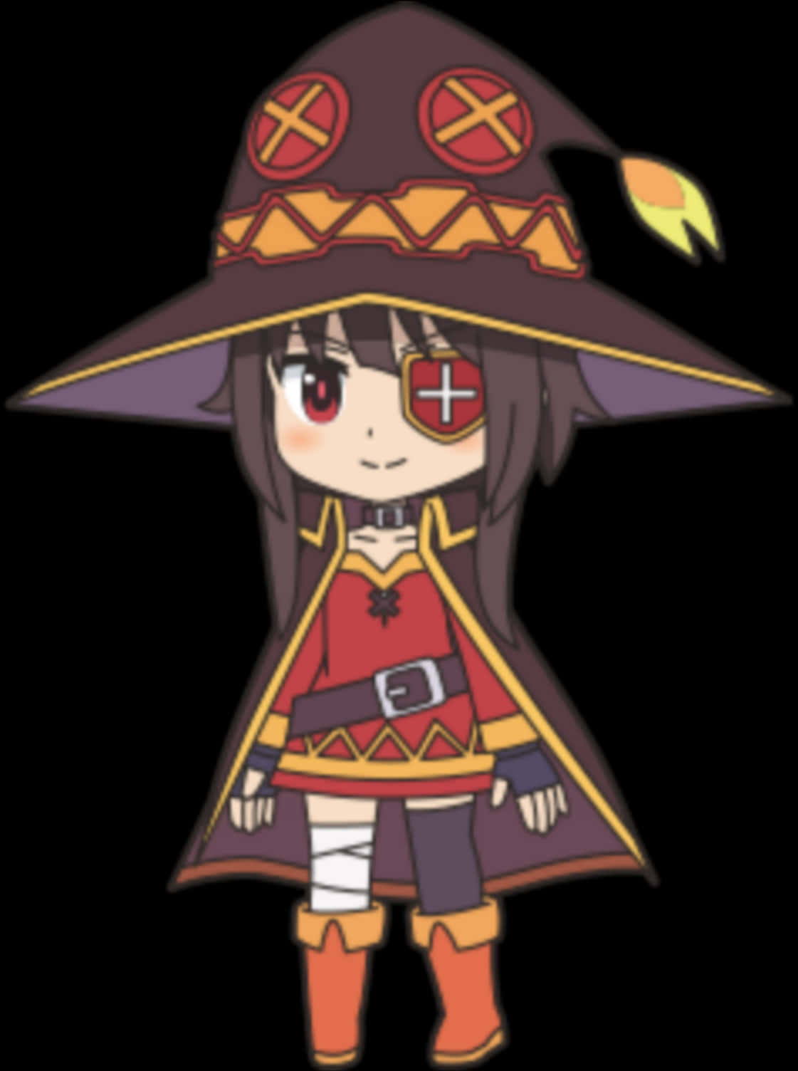 梅格姆因動畫角色插畫 壁紙 — 一個Q版動漫女巫，戴著寬邊帽和紅色眼罩，自信地站在黑色背景前。