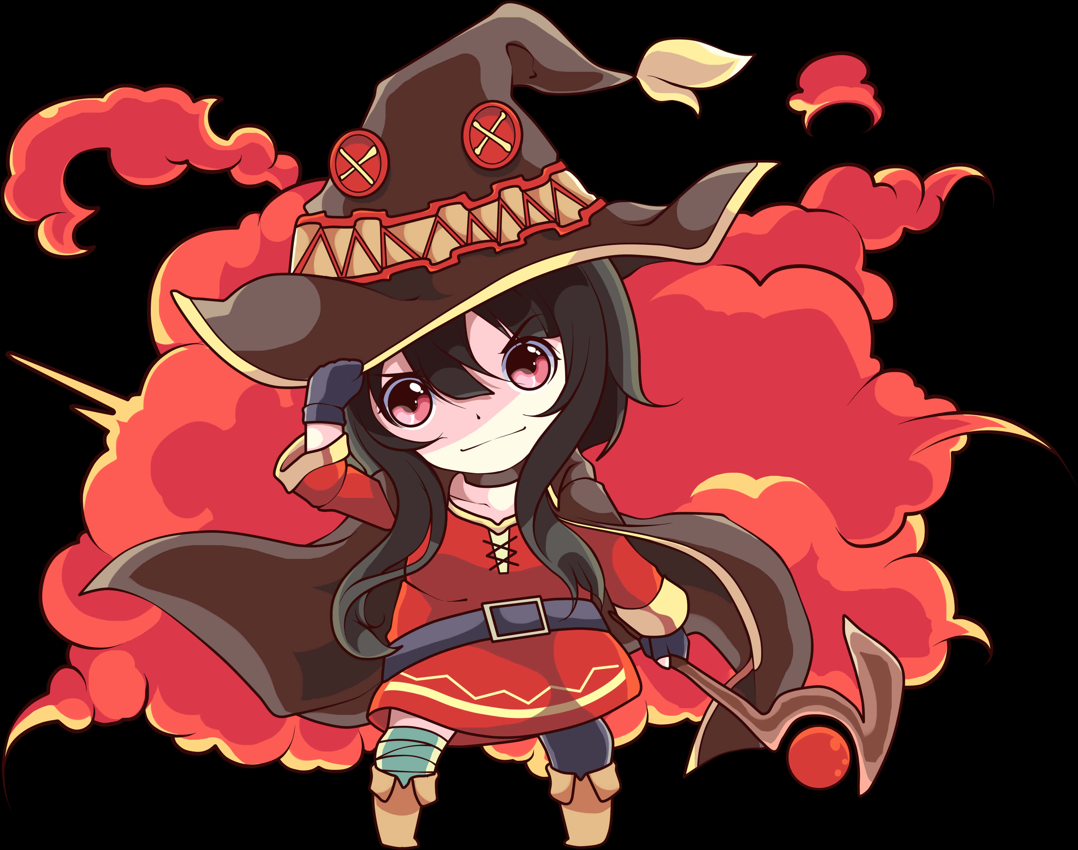 梅格姆因動畫魔法爆炸 壁紙 — 一個穿著紅色服裝和棕色帽子的Q版女巫自信地站在火紅的雲背景前。