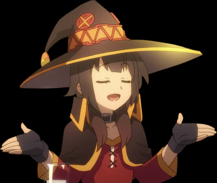 梅格姆開心手勢動畫角色 壁紙 — 一個開心的動漫女巫，戴著棕色帽子，穿著紅色長袍，在黑色背景前攤開雙手聳肩。