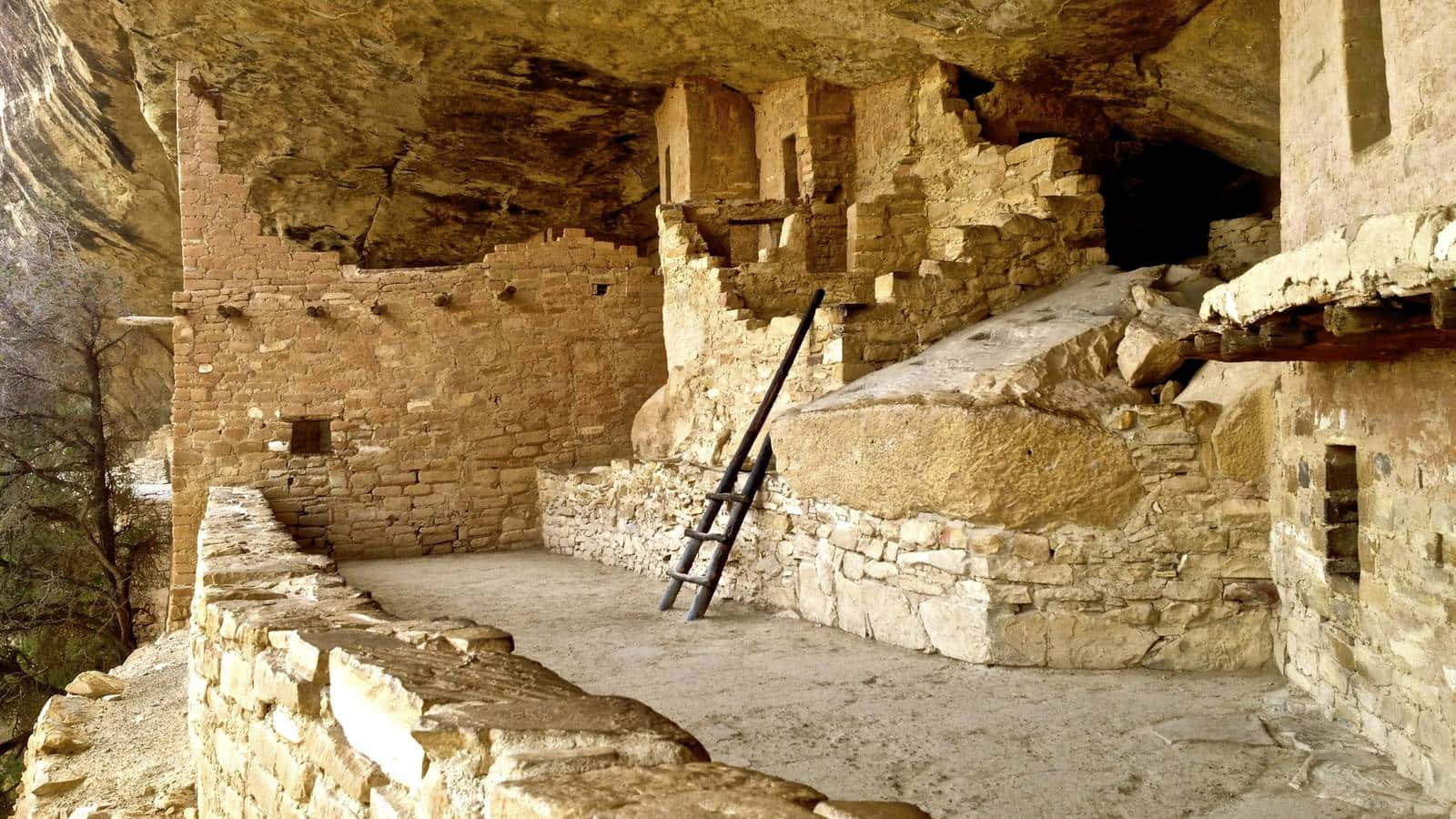 古代懸崖住宅遺址，有石牆和梯子，位於岩石懸垂下方。