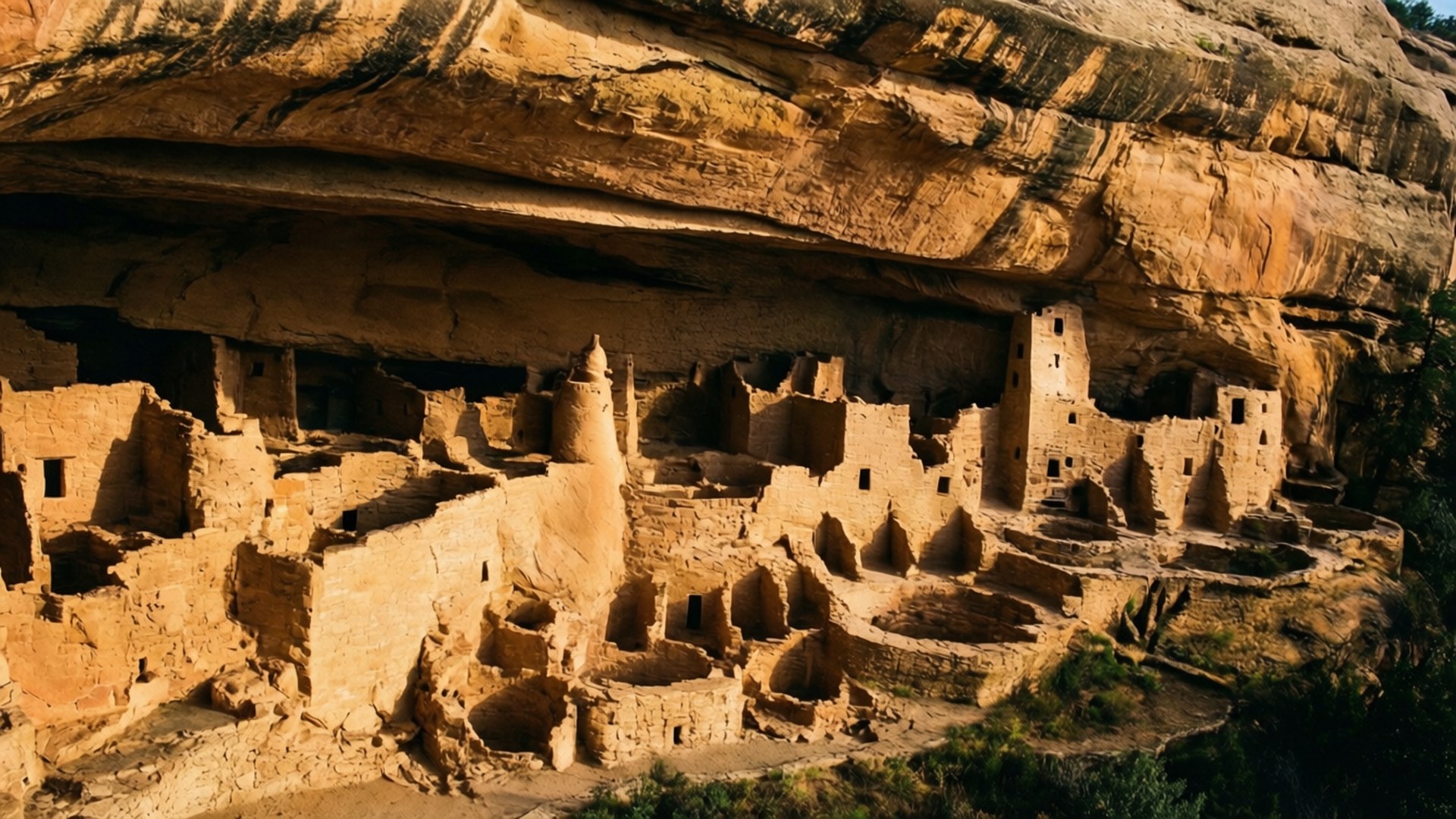 在沙漠景觀中，建在金色砂岩懸崖上的古代多層懸崖住所。