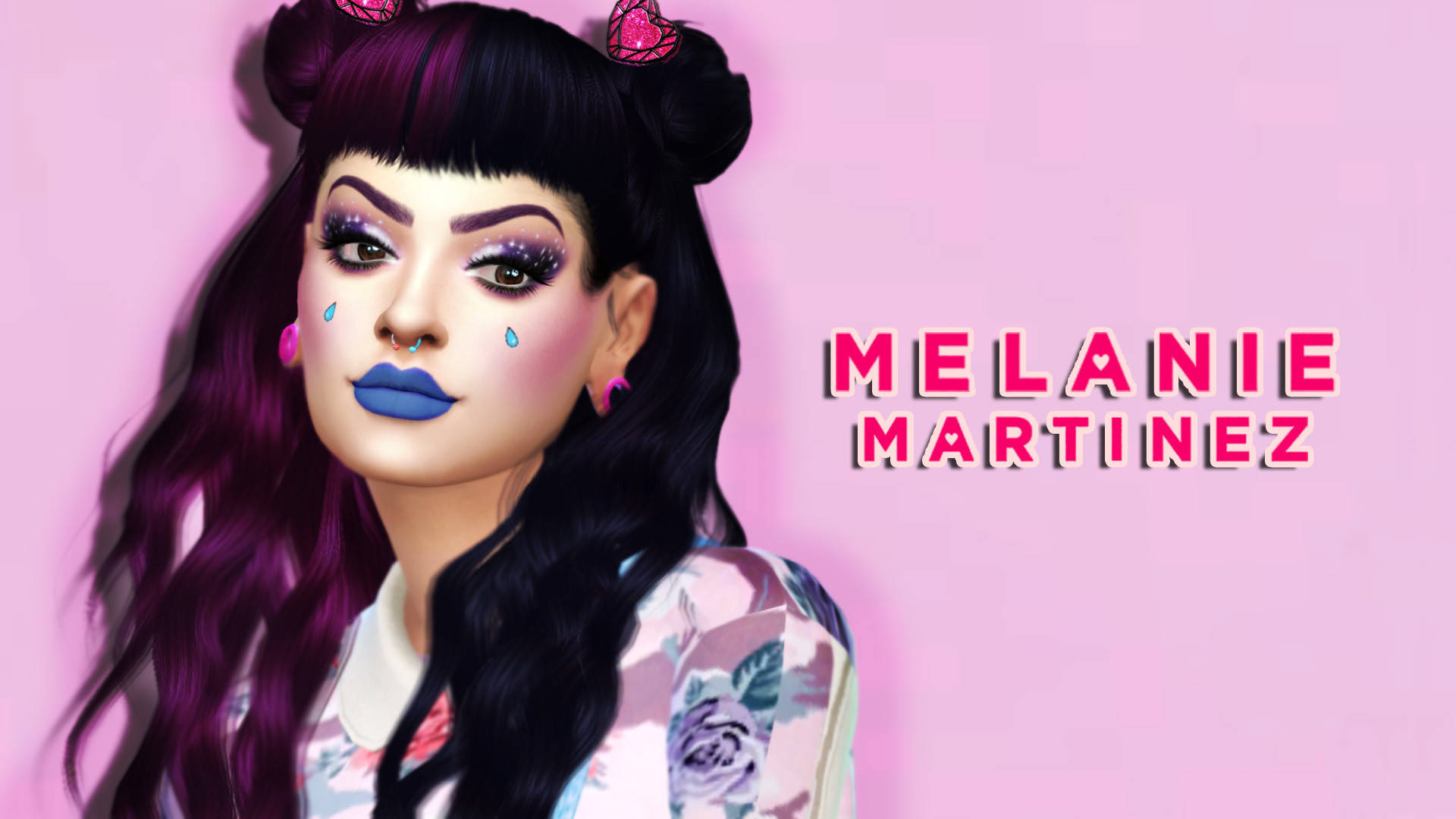 梅蘭妮·馬丁內斯龐克造型 壁紙 — Melanie Martinez 的風格化肖像，紫色頭髮、藍色嘴唇和淚滴，背景為粉紅色。