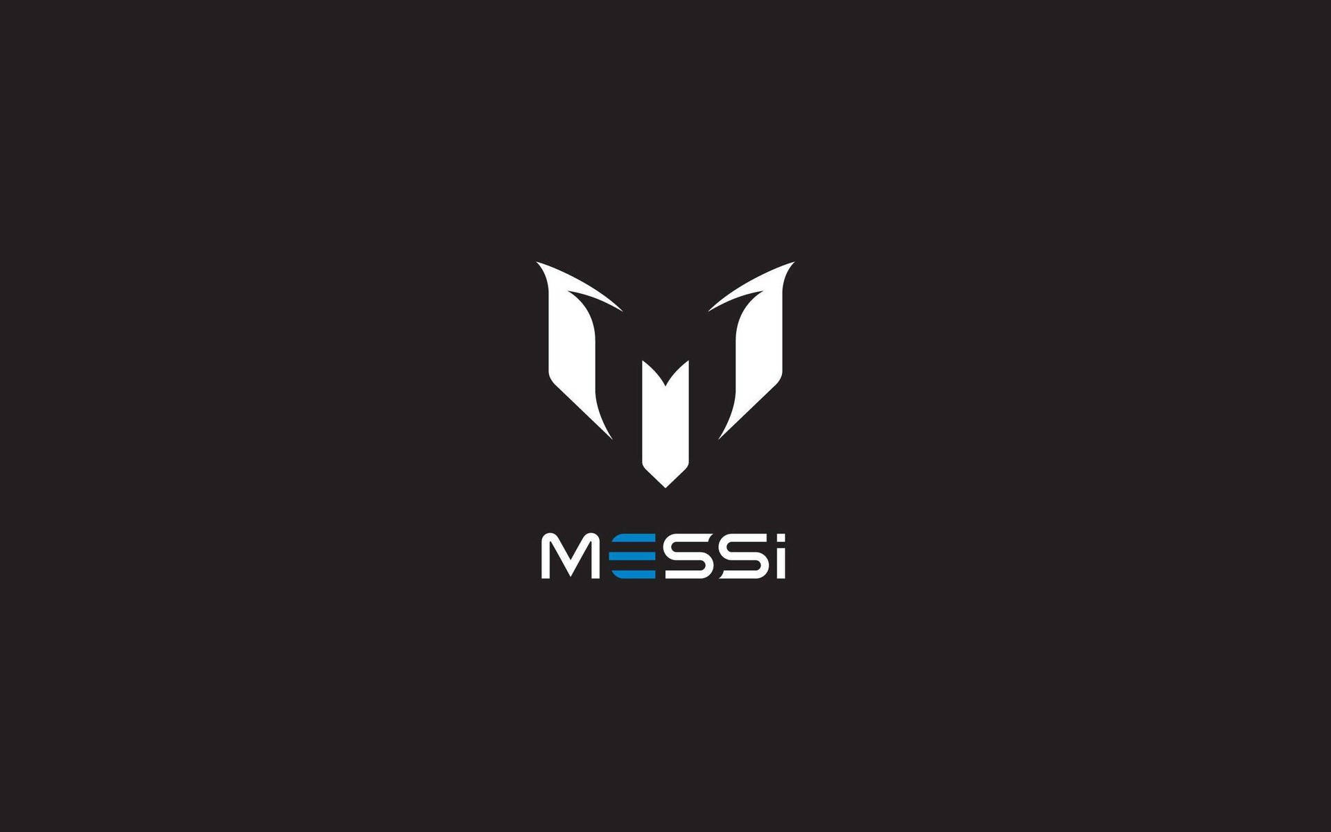 白色 Messi 標誌，帶有風格化 M 同藍色點綴，喺黑色背景上。