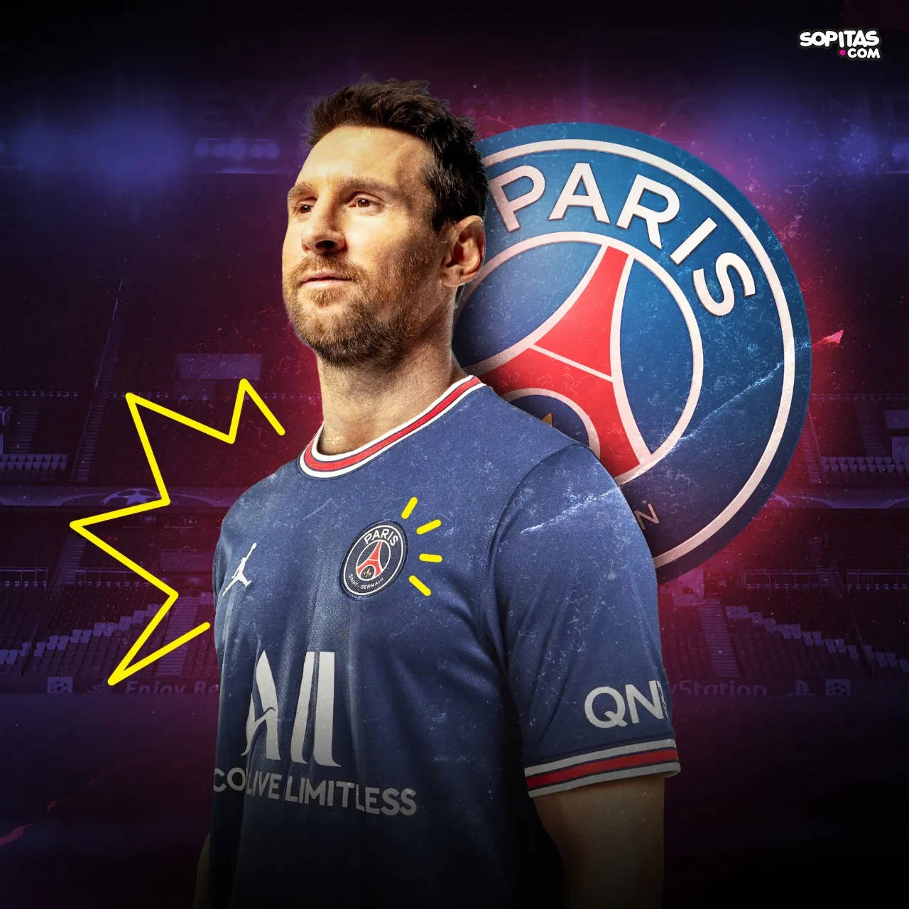 梅西 PSG 數位編輯 壁紙 — 利昂內爾·美斯身穿巴黎聖日耳曼球衣，在充滿活力的球場背景下自信站立，帶有發光的黃色閃電效果。