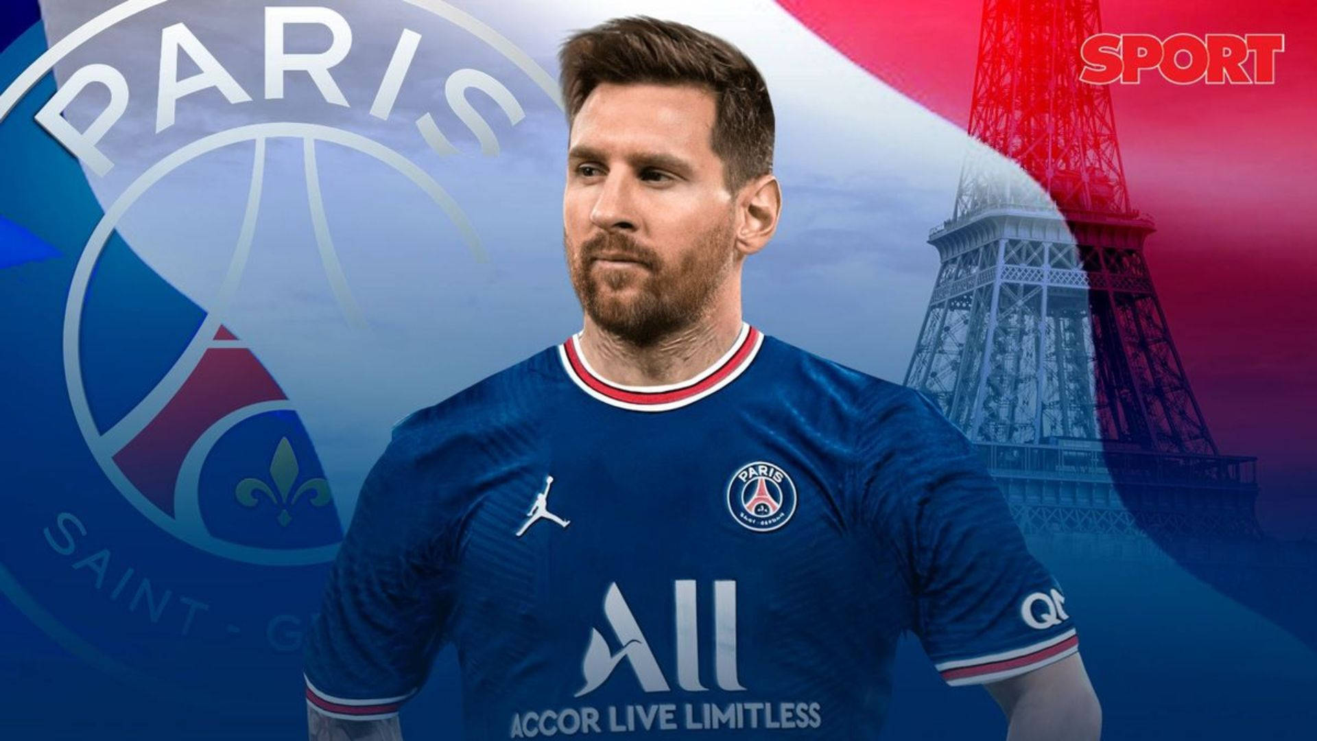 梅西 PSG 法國國旗 壁紙 — 身穿巴黎聖日耳曼球衣的利安奴·美斯站在艾菲爾鐵塔和球會標誌前，背景為藍紅漸變色。
