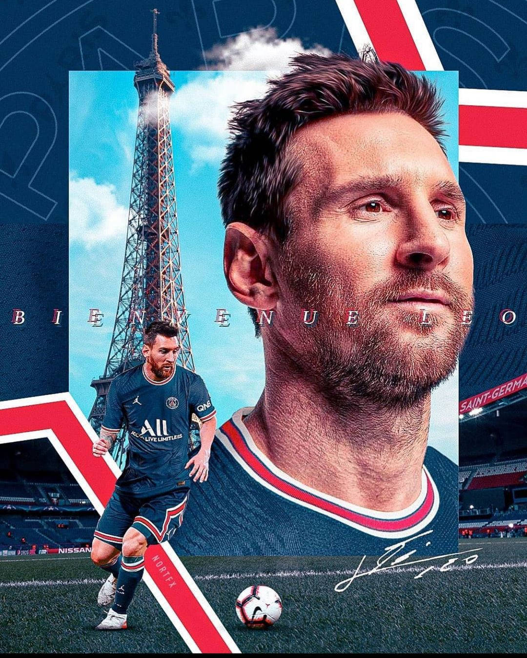 梅西巴黎聖日耳曼海報 壁紙 — 一張動態拼貼畫， featuring Lionel Messi 穿著巴黎聖日耳曼裝備，背景有艾菲爾鐵塔和球場。