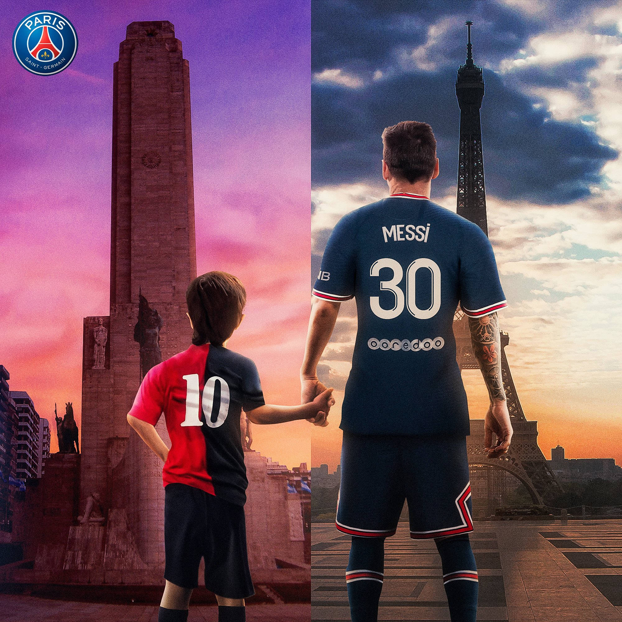 梅西巴黎聖日耳曼與孩童 壁紙 — 一個小男孩和成年美斯手牽手，各自穿著PSG球衣，在暮色天空下的紀念碑前站立。