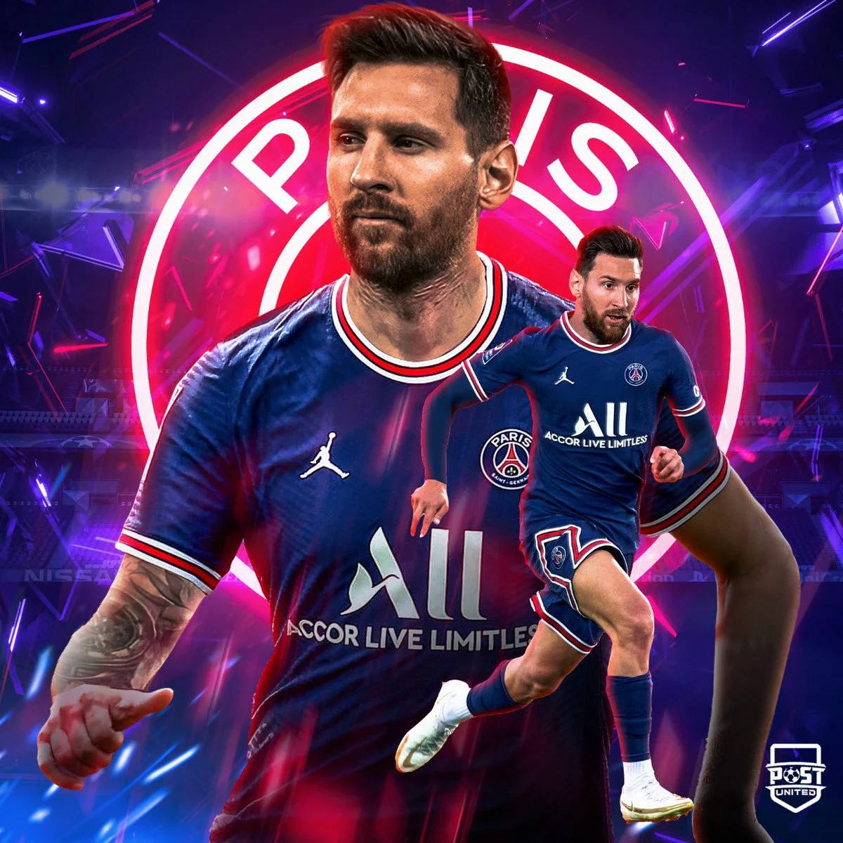 梅西身披 PSG 球衣主宰球場 壁紙 — 身穿巴黎聖日耳曼球衣的利昂內爾·美斯在閃爍的霓虹球場背景下，以分形光效動感擺姿勢。