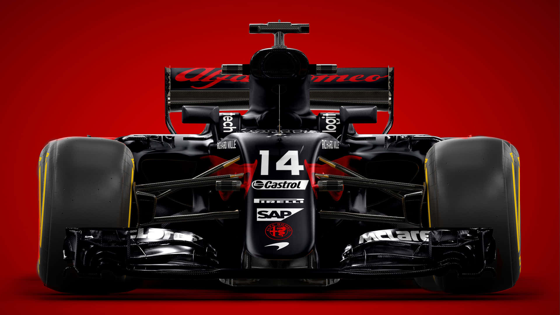 黑色 Alfa Romeo F1 賽車，編號14，紅色背景