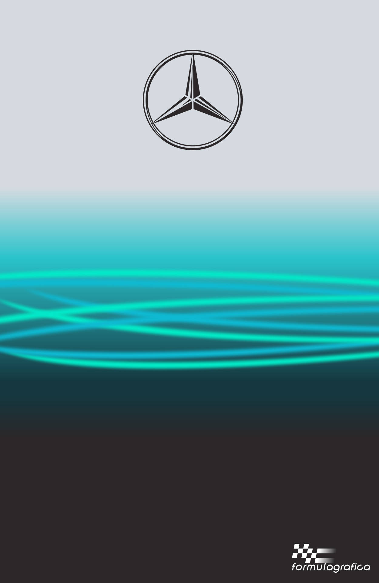 Mercedes-Benz 標誌搭配發光的青綠色動態線條，背景為漸變色。