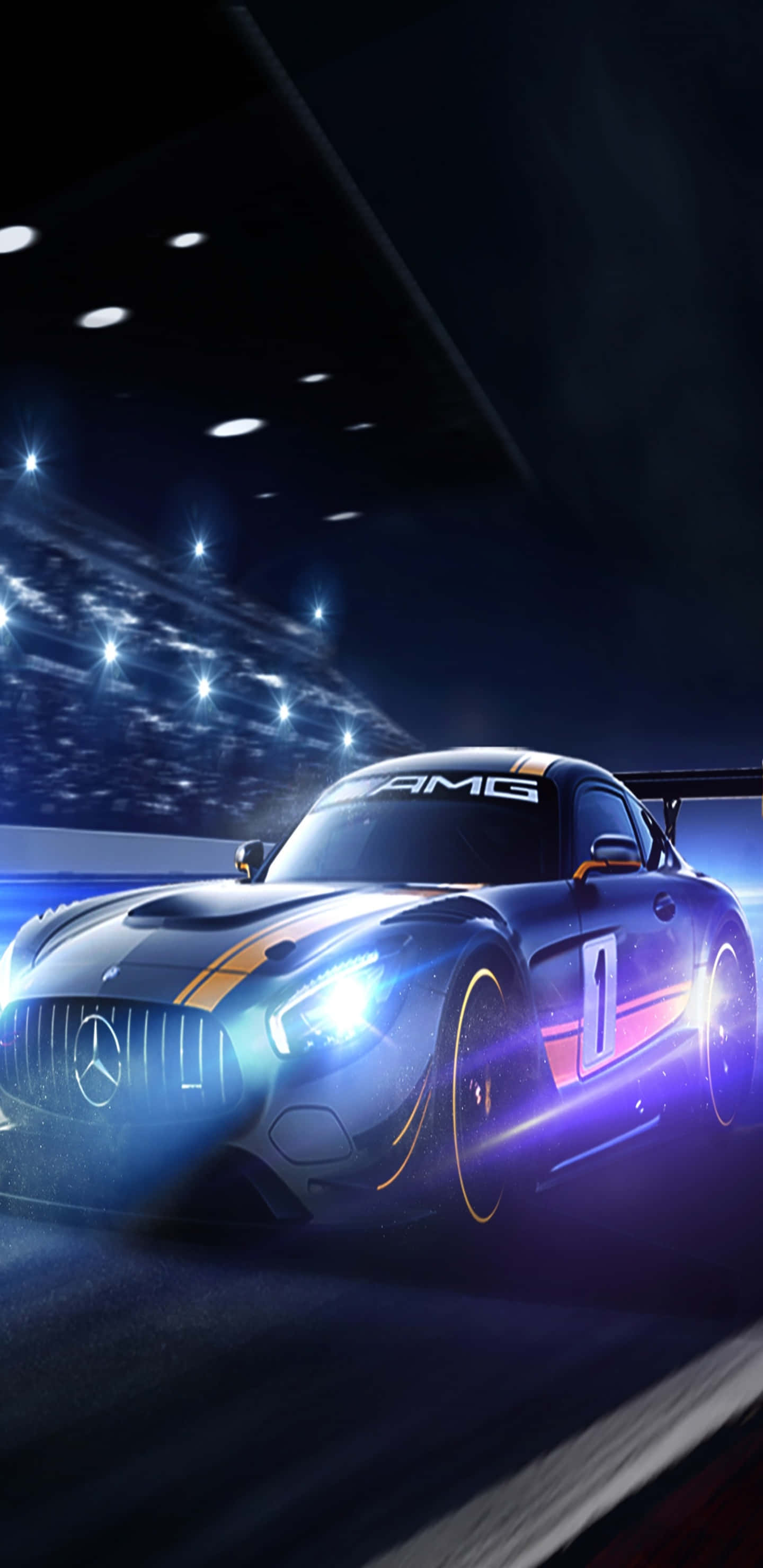梅賽德斯-奔馳於體育場內 Pixel 3XL AMG GT-R 背景 壁紙 — 一架流線型的藍色Mercedes-AMG賽車在黑暗的隧道中疾馳，發光的燈光掠過。