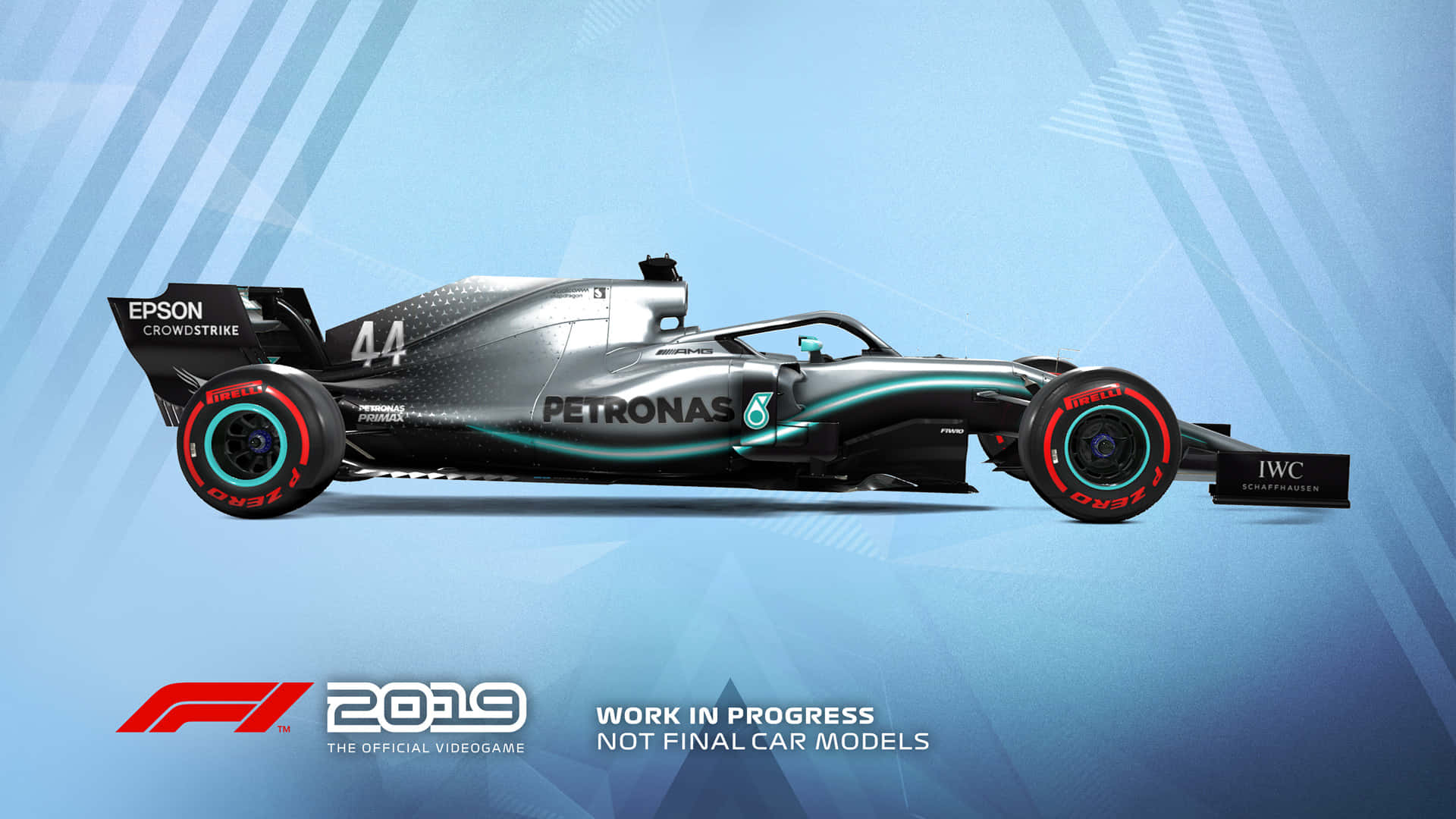 梅賽德斯AMG Petronas F1賽車側面高清背景 壁紙 — 一輛時尚的銀色和藍綠色一級方程式賽車，帶有44號和贊助商標誌，在風格化的藍色幾何背景上展示。