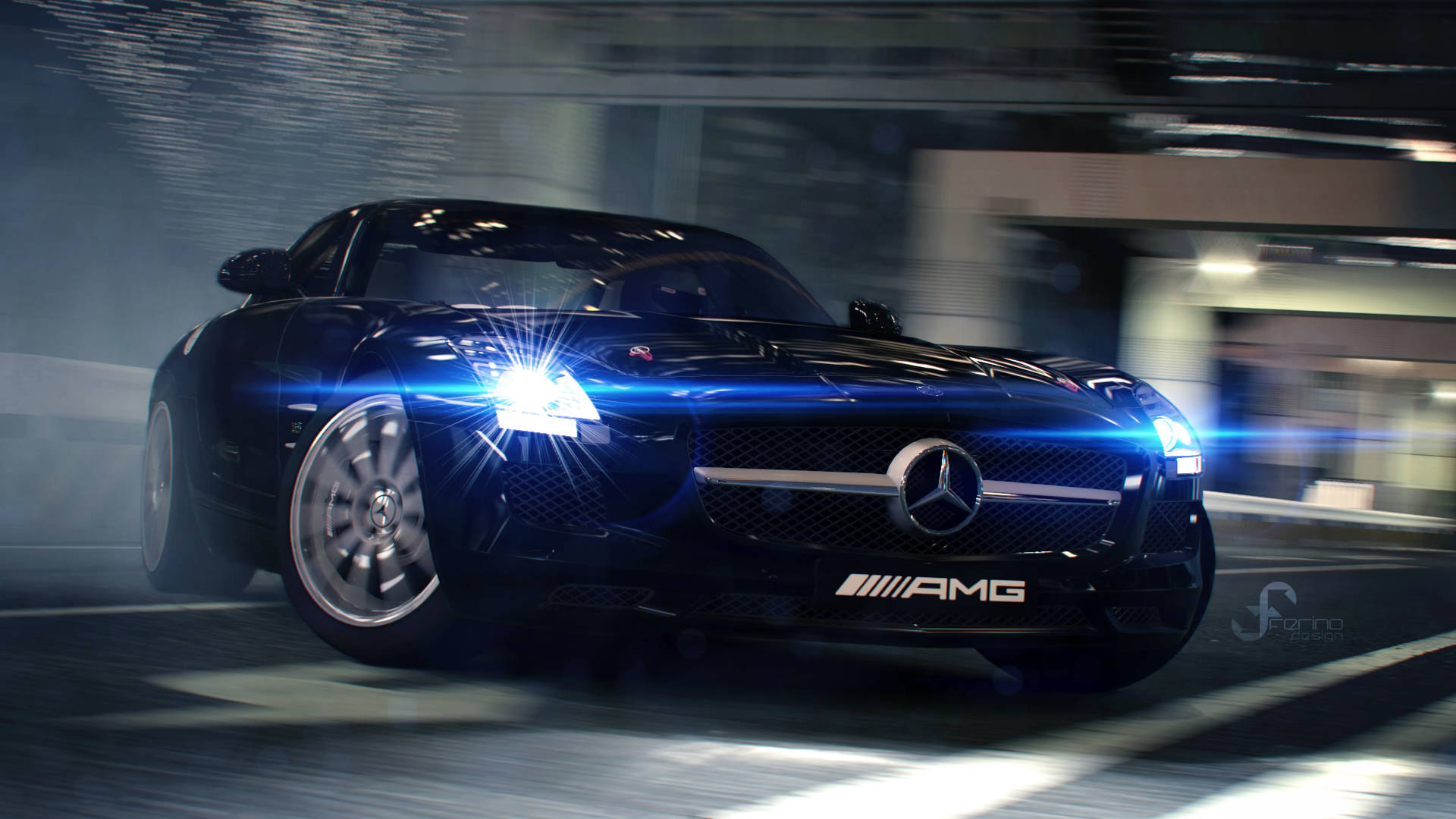 黑色 Mercedes-AMG 跑車在黑暗的隧道中疾馳，車頭燈明亮。