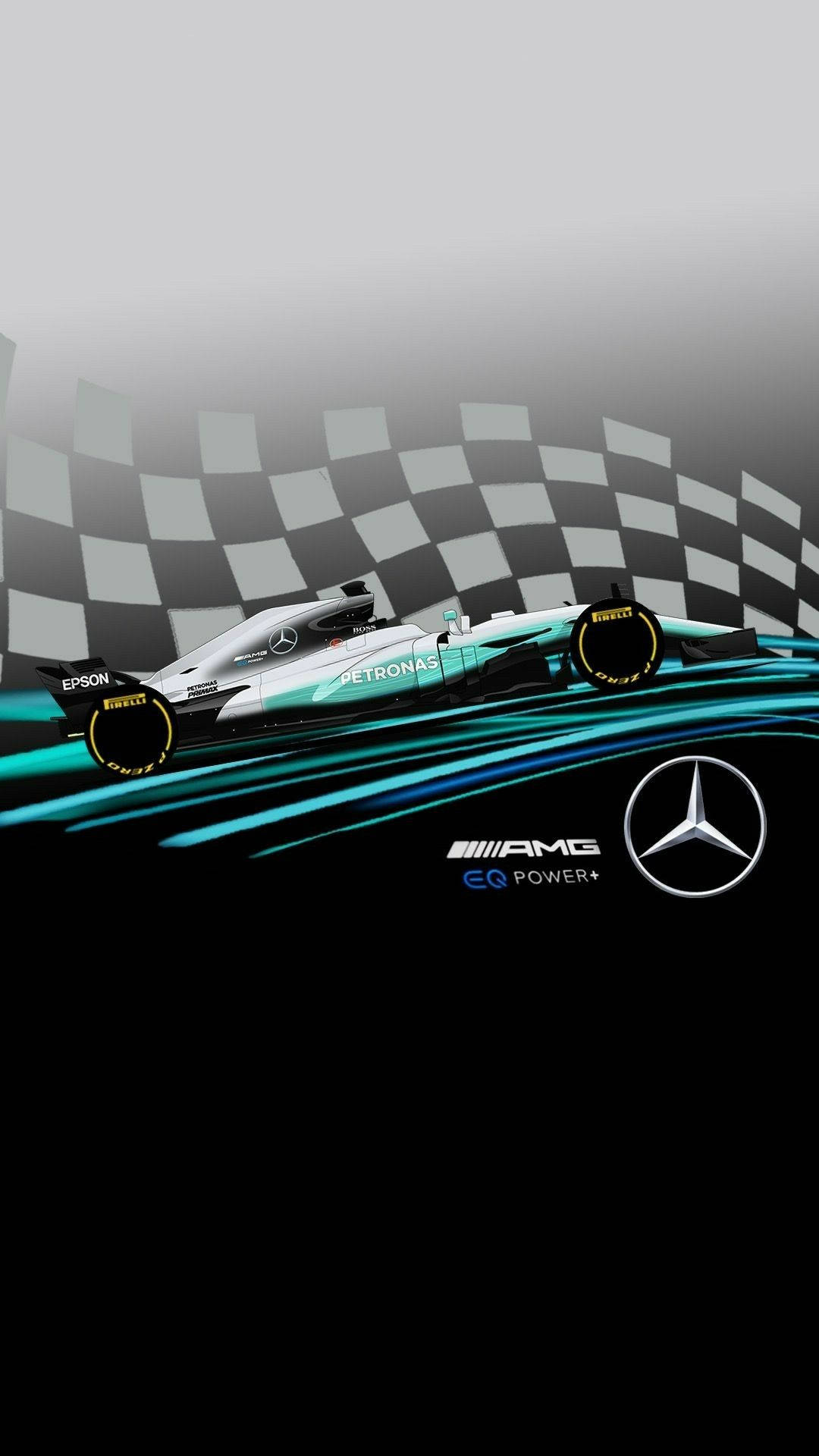 Mercedes-AMG 一級方程式賽車越過格仔旗終點線，帶有藍綠色運動軌跡。