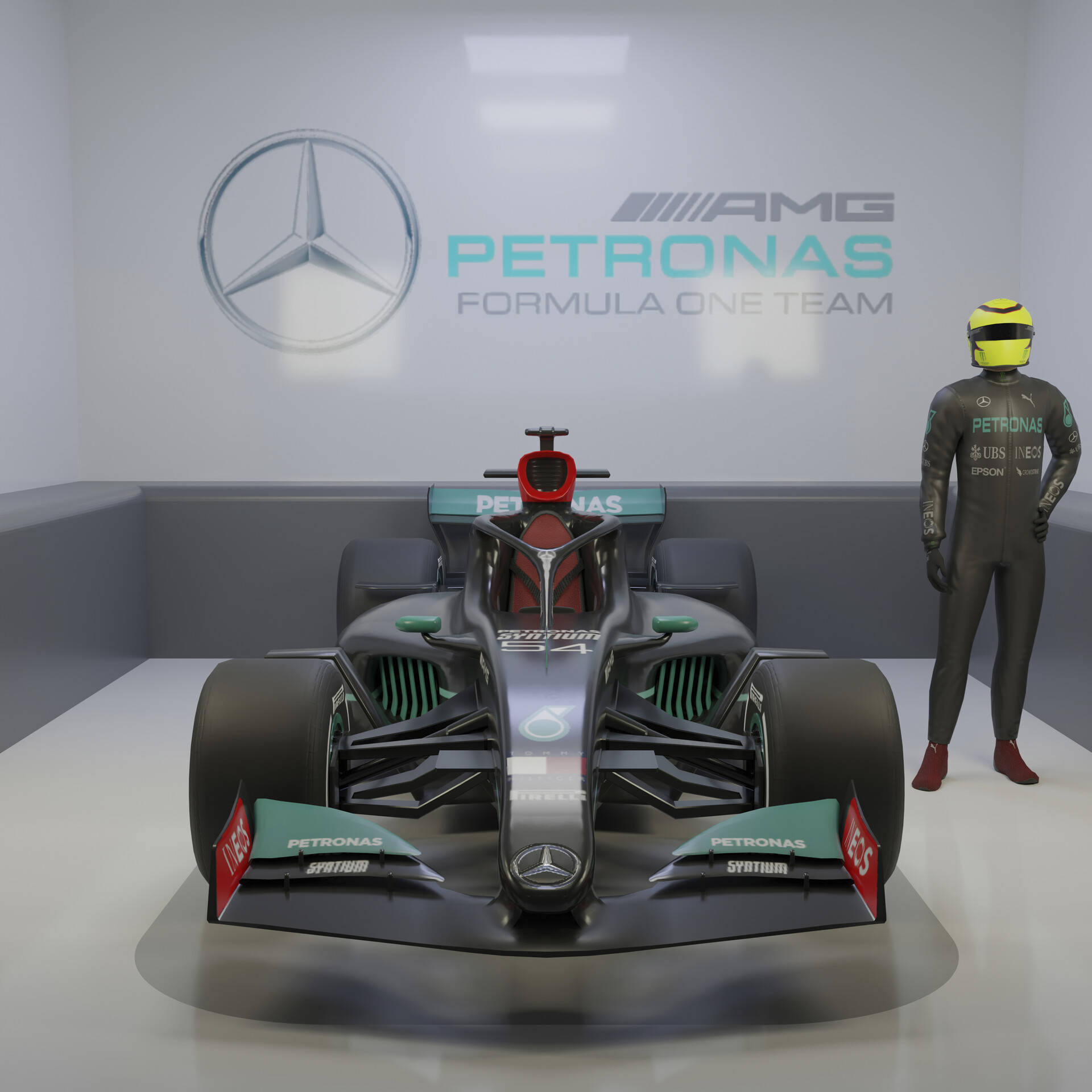 Mercedes-AMG Petronas F1 賽車和賽車服在乾淨的工作室展示中。