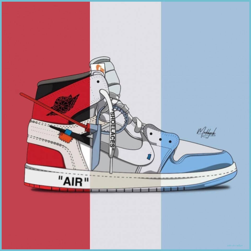條紋Air Jordan卡通運動鞋 壁紙 — 一款風格化的運動鞋，分為紅色、白色和藍色部分，帶有醒目的圖形細節和文字元素。