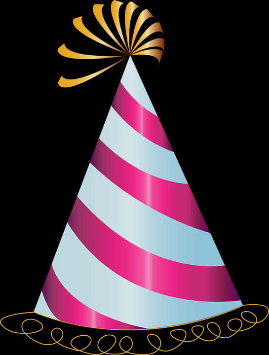 條紋生日派對帽 壁紙 — 一頂節日派對帽，帶有粉紅色和淺藍色條紋，以及一個金色絲帶蝴蝶結，背景為黑色。