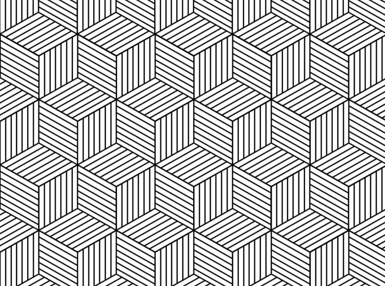 條紋線條幾何圖案 壁紙 — 由平行線創建的重複3D立方體的複雜黑白幾何圖案。