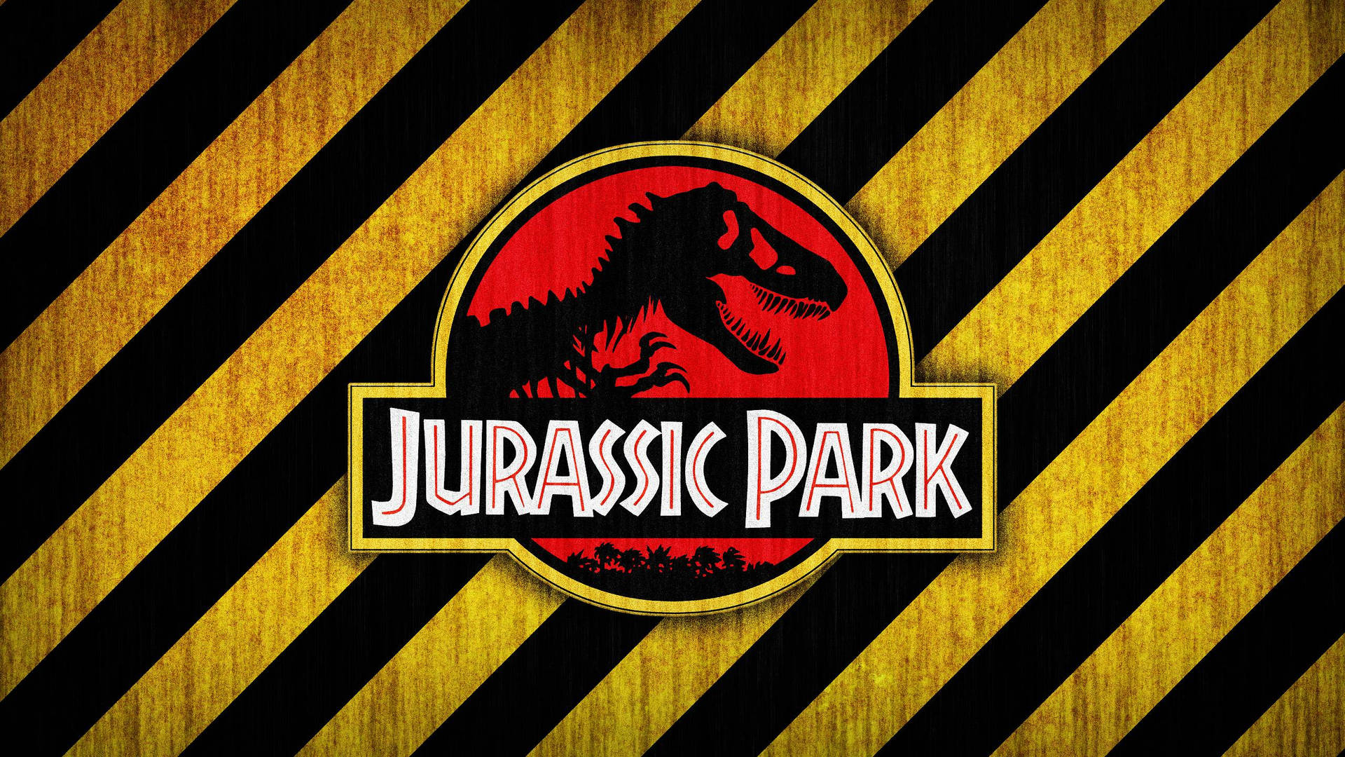 Jurassic Park 標誌，紅色背景上有一隻 T-Rex 剪影，並帶有黃色和黑色危險條紋。
