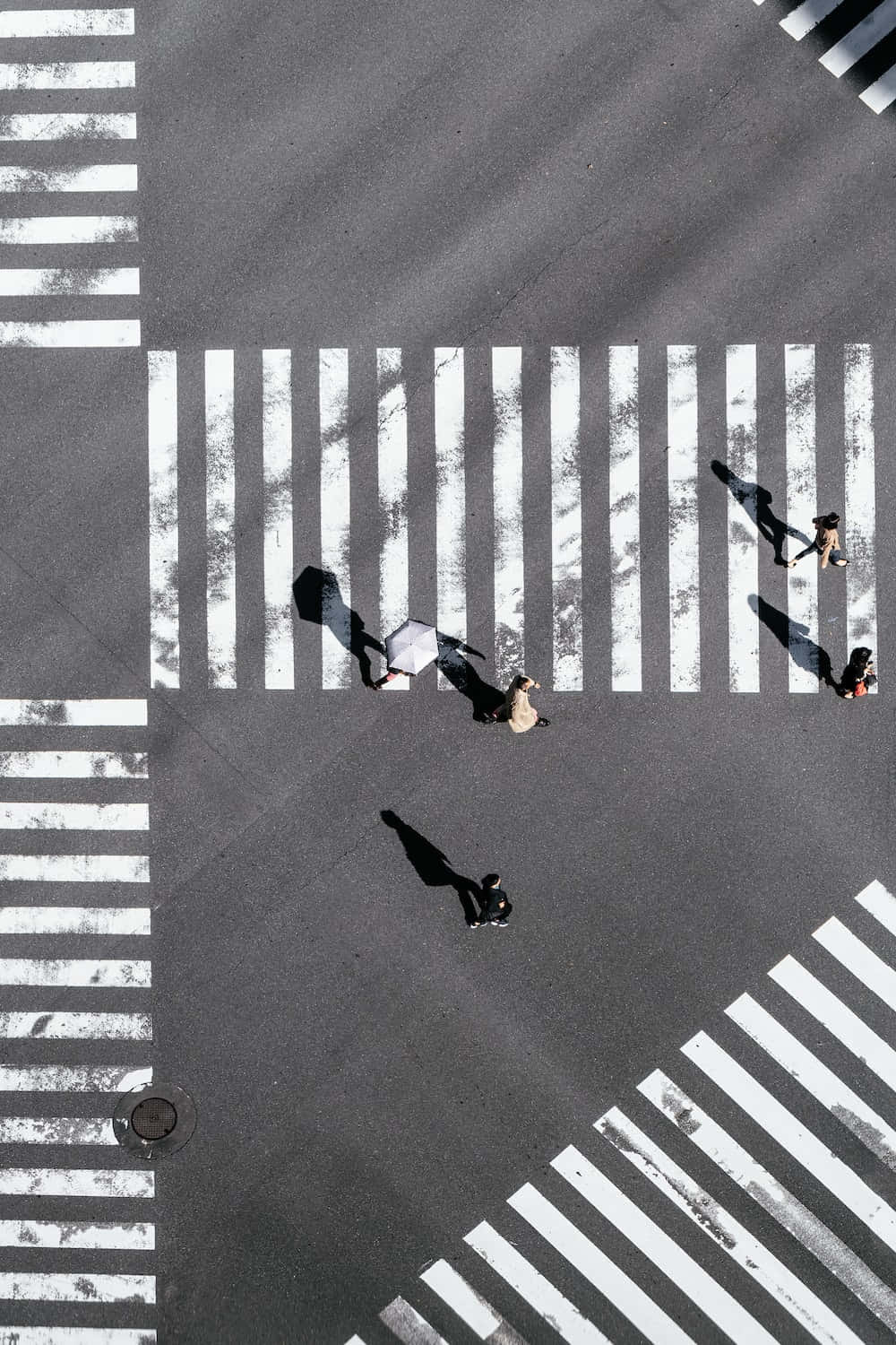 條紋行人圖 壁紙 — 從高空俯瞰，行人正在明亮的陽光下，在白色條紋斑馬線上穿越一條單調的城市街道。
