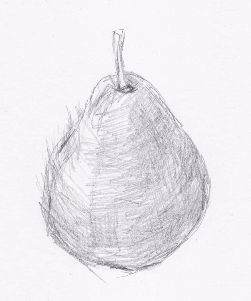 一個手繪鉛筆素描的梨子，帶有陰影和莖。