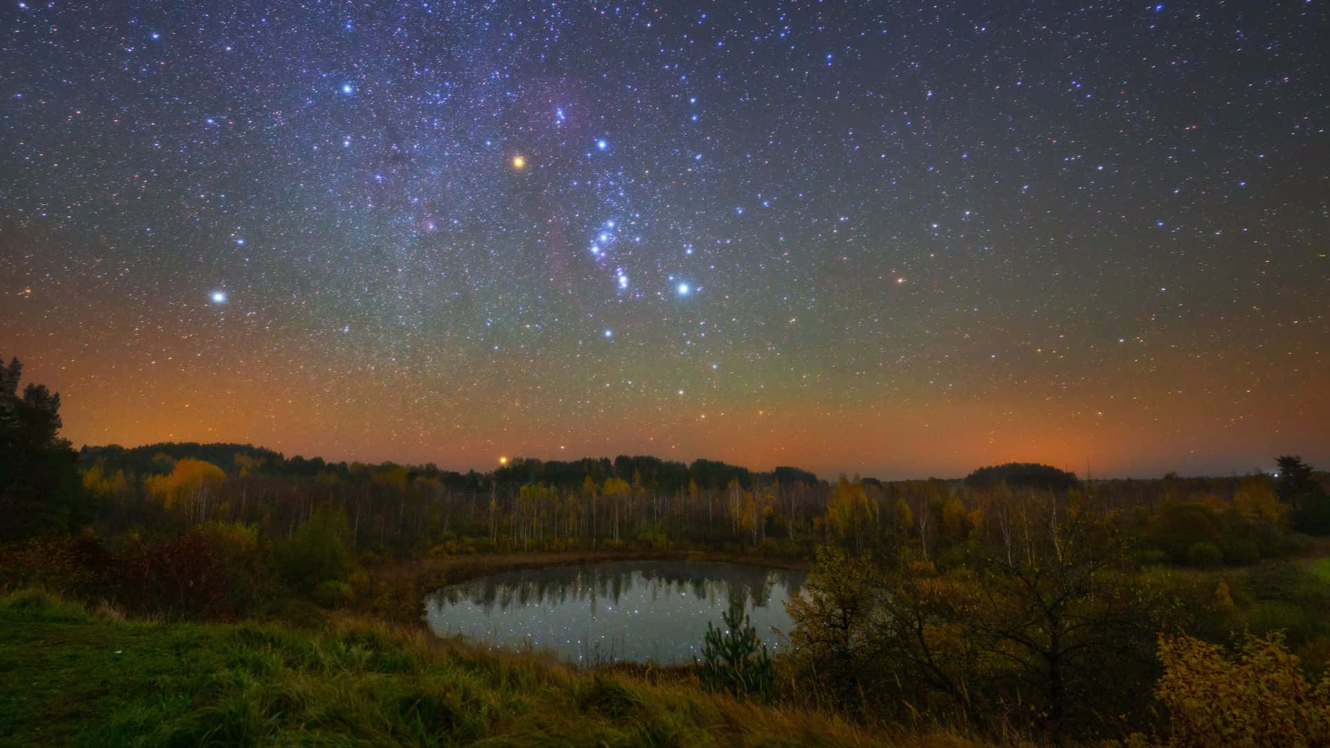 秋林池塘上空的繁星夜空與極光